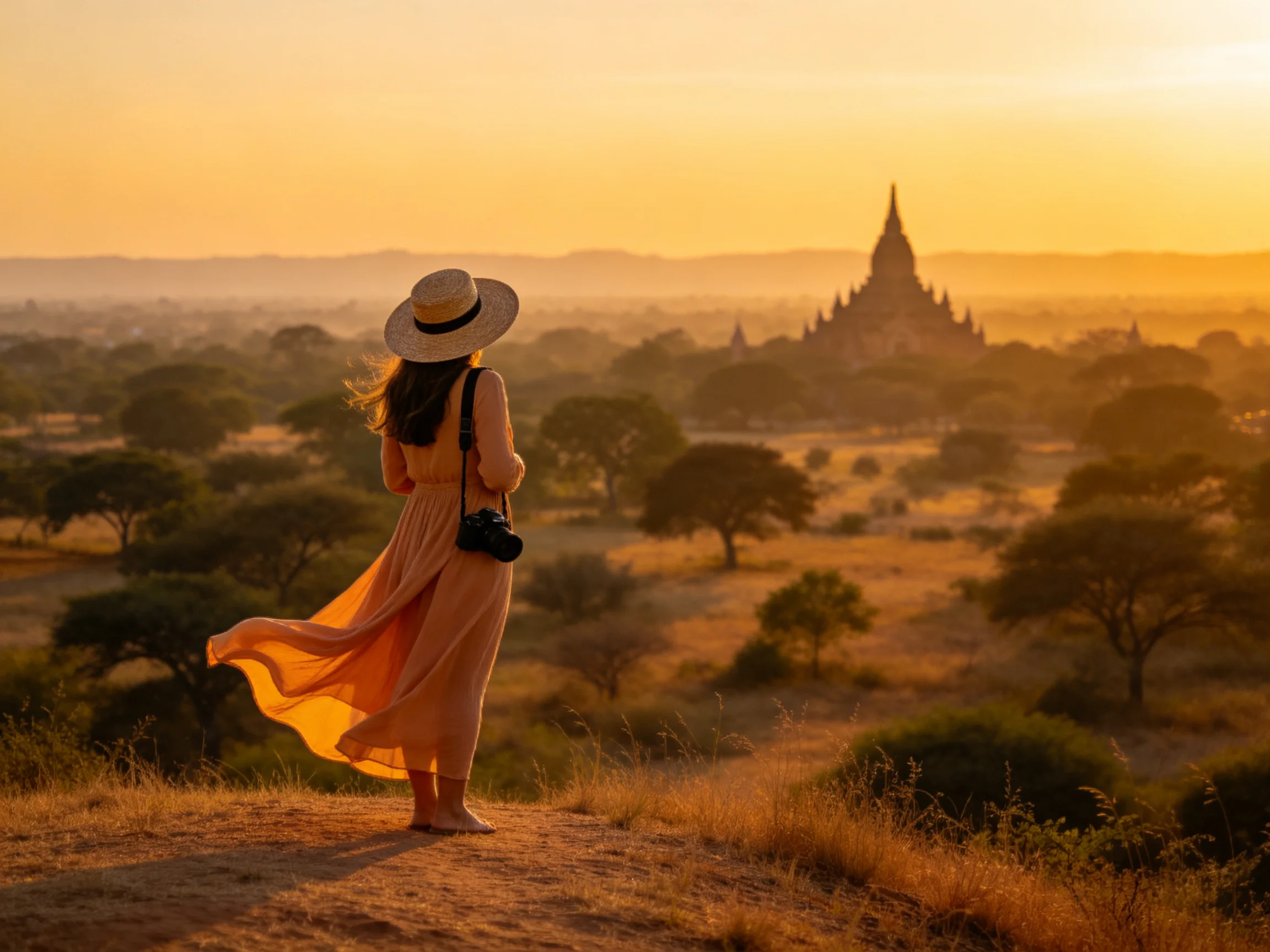 A woman in a flowing peach dress views ancient temples at golden hour