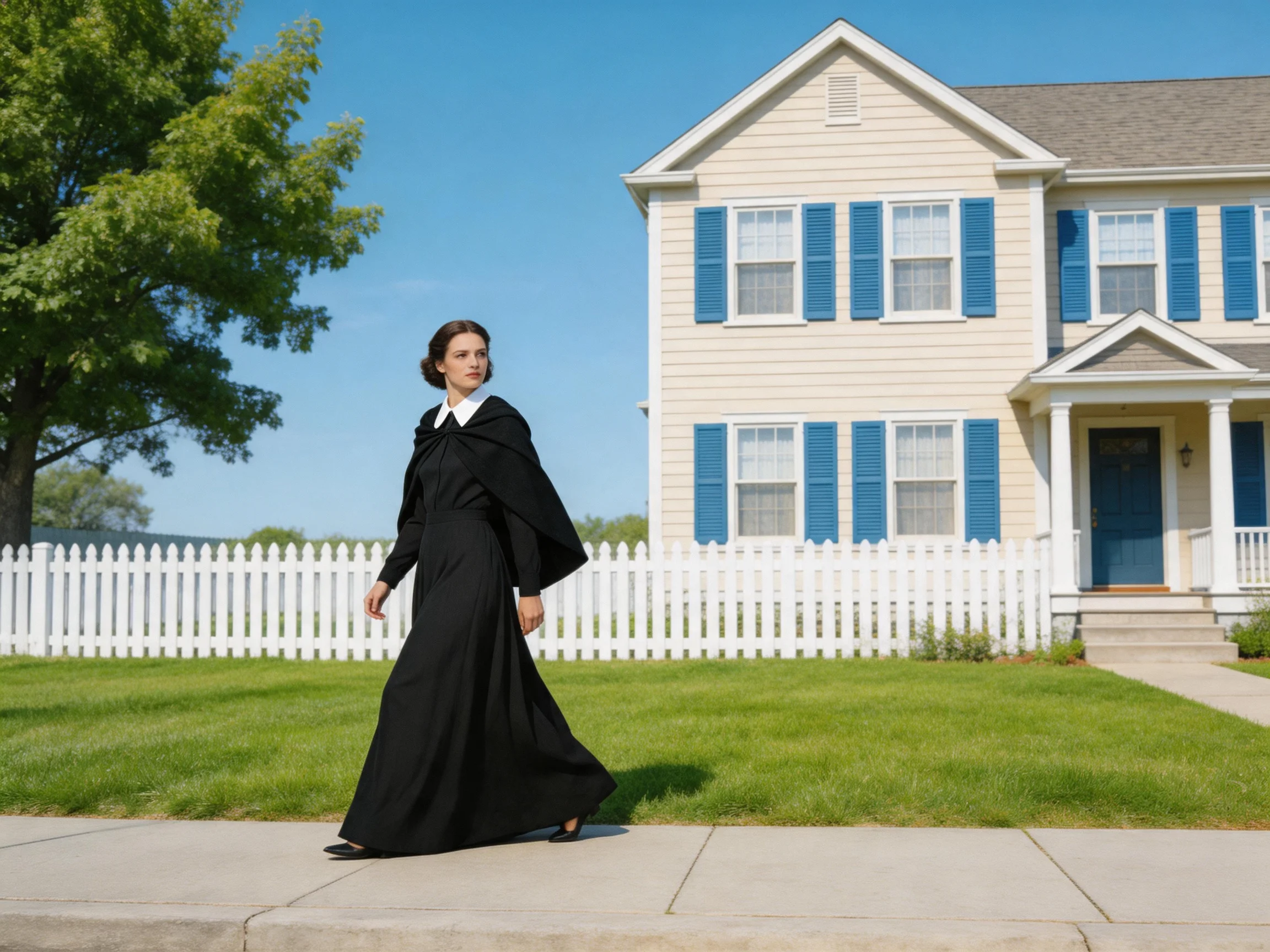 A woman in a long black dress walks past a two-story house with blue shutters