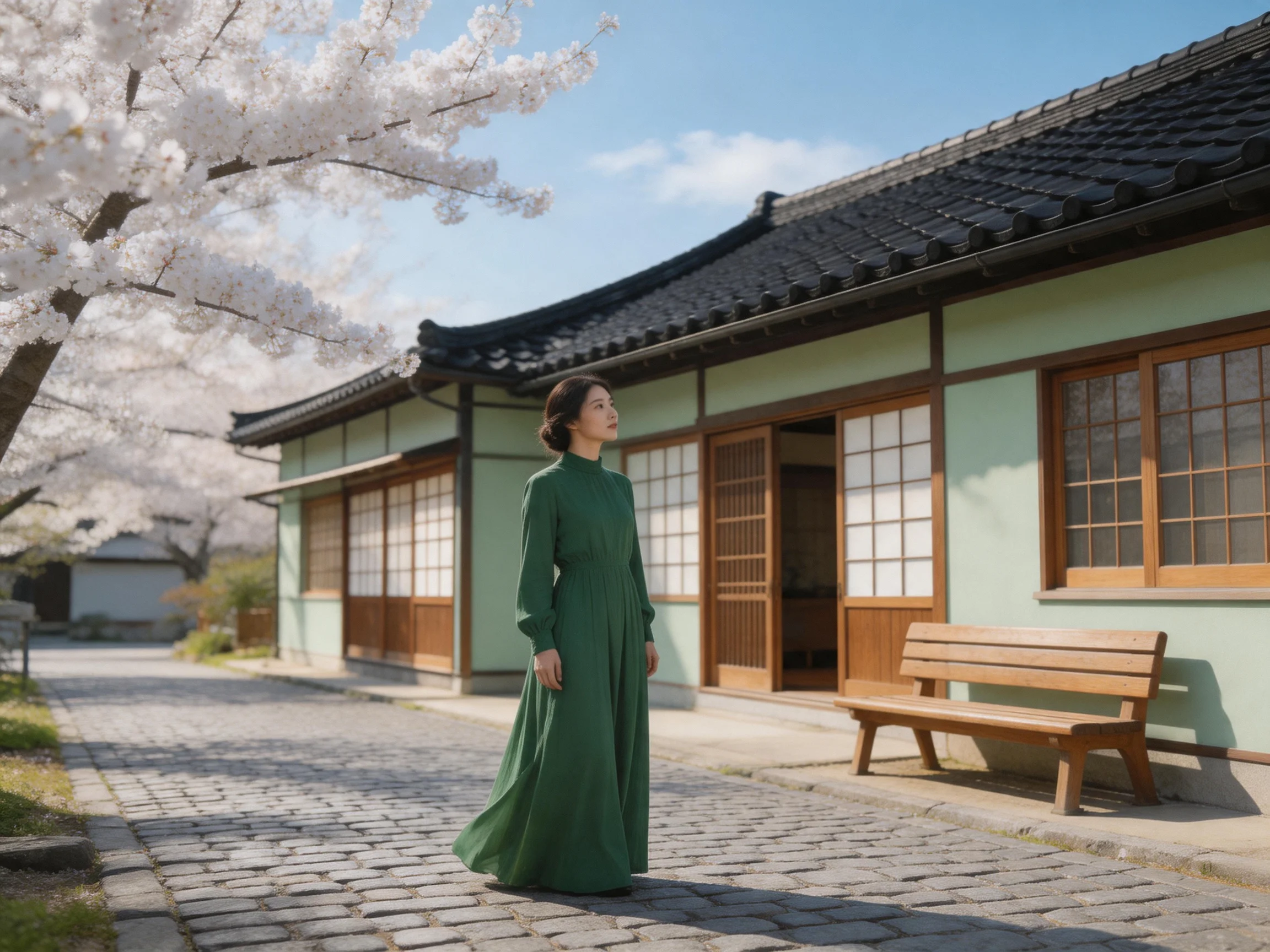 A woman in a long green dress stands near a traditional Japanese house with blooming cherry blossoms