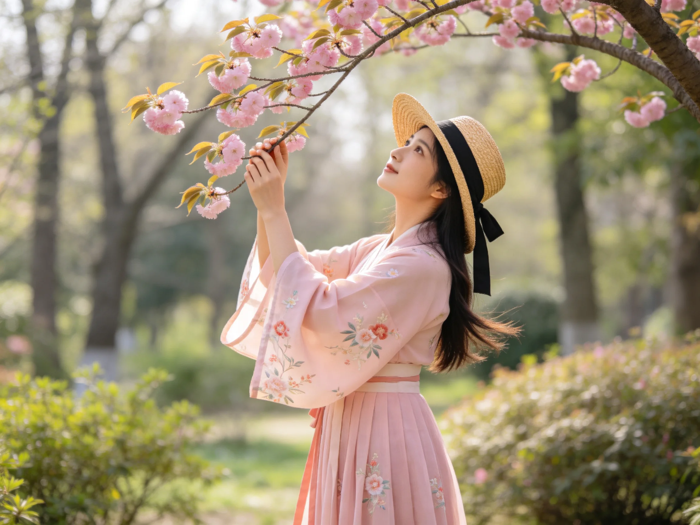 A woman in a pink floral dress admires cherry blossoms in a sunlit park