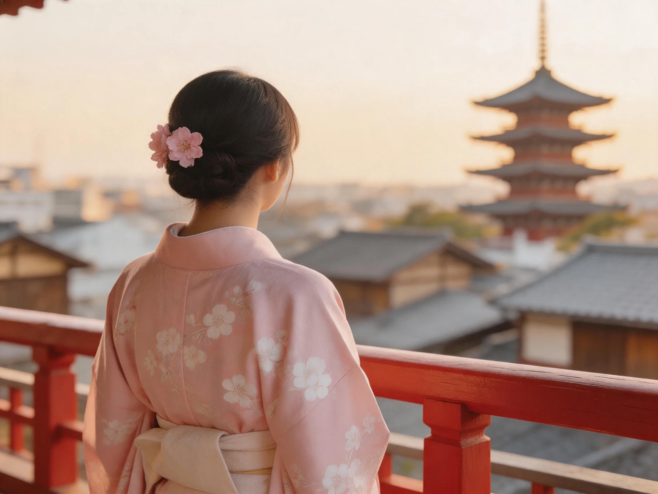 A woman in a pink floral kimono views an ancient pagoda from a red balcony