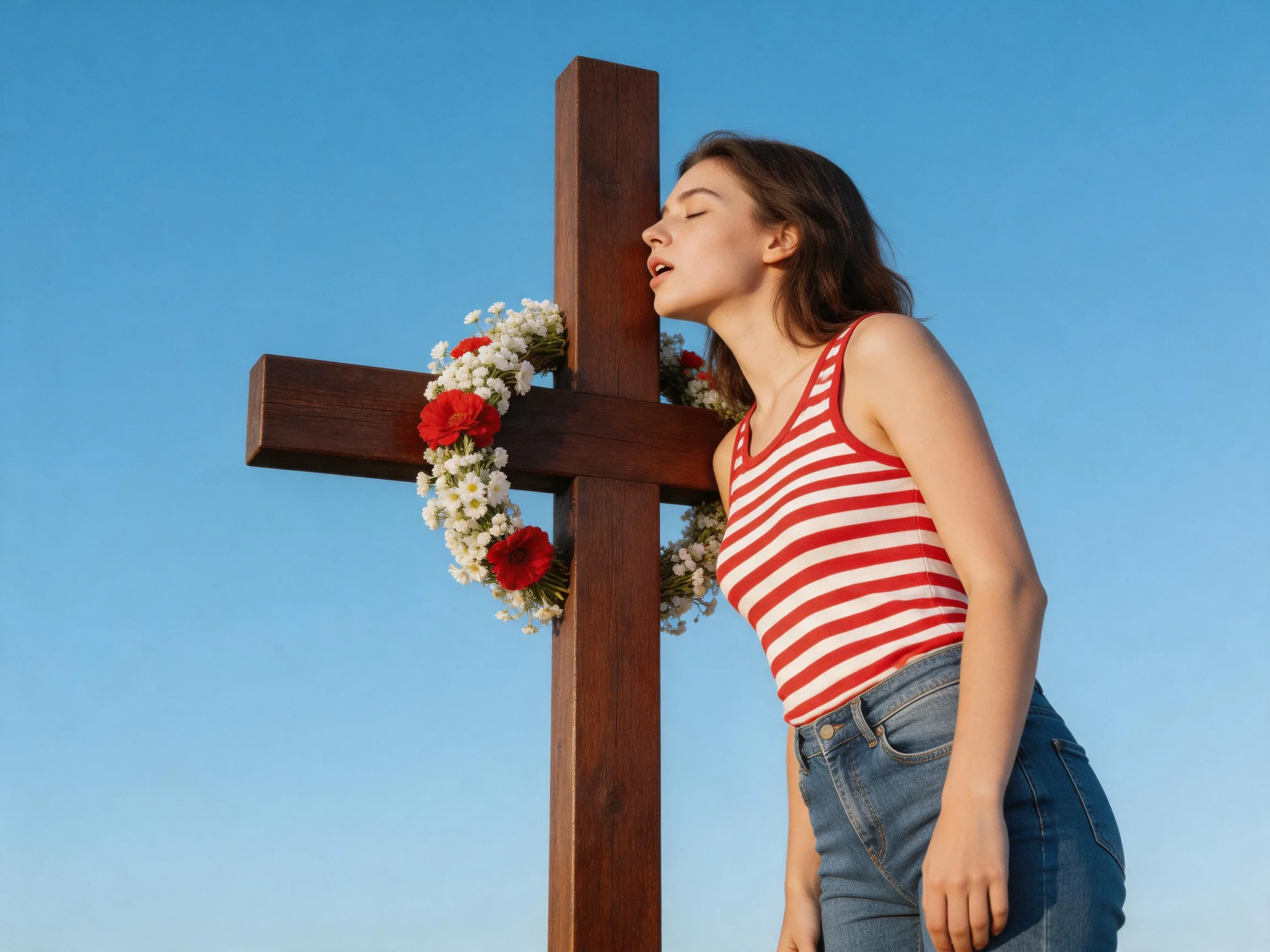 A woman in a red-and-white striped top leans near a large brown wooden cross with floral wreath