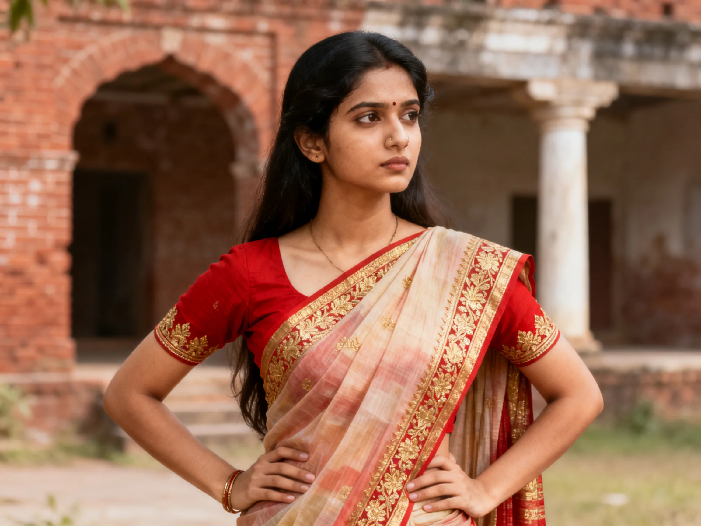 A woman in a red blouse and beige sari stands near ancient brick architecture.