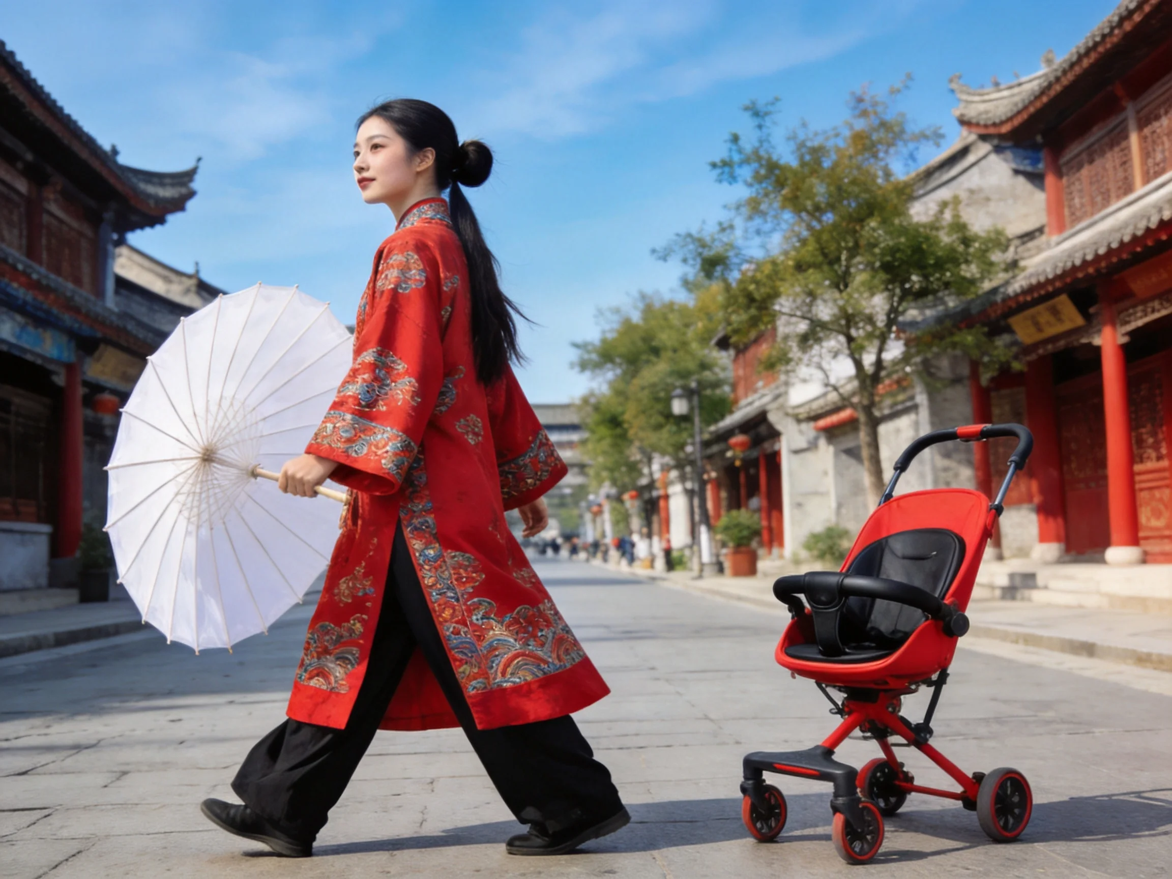 A woman in a red embroidered robe pushes a red stroller with a white parasol
