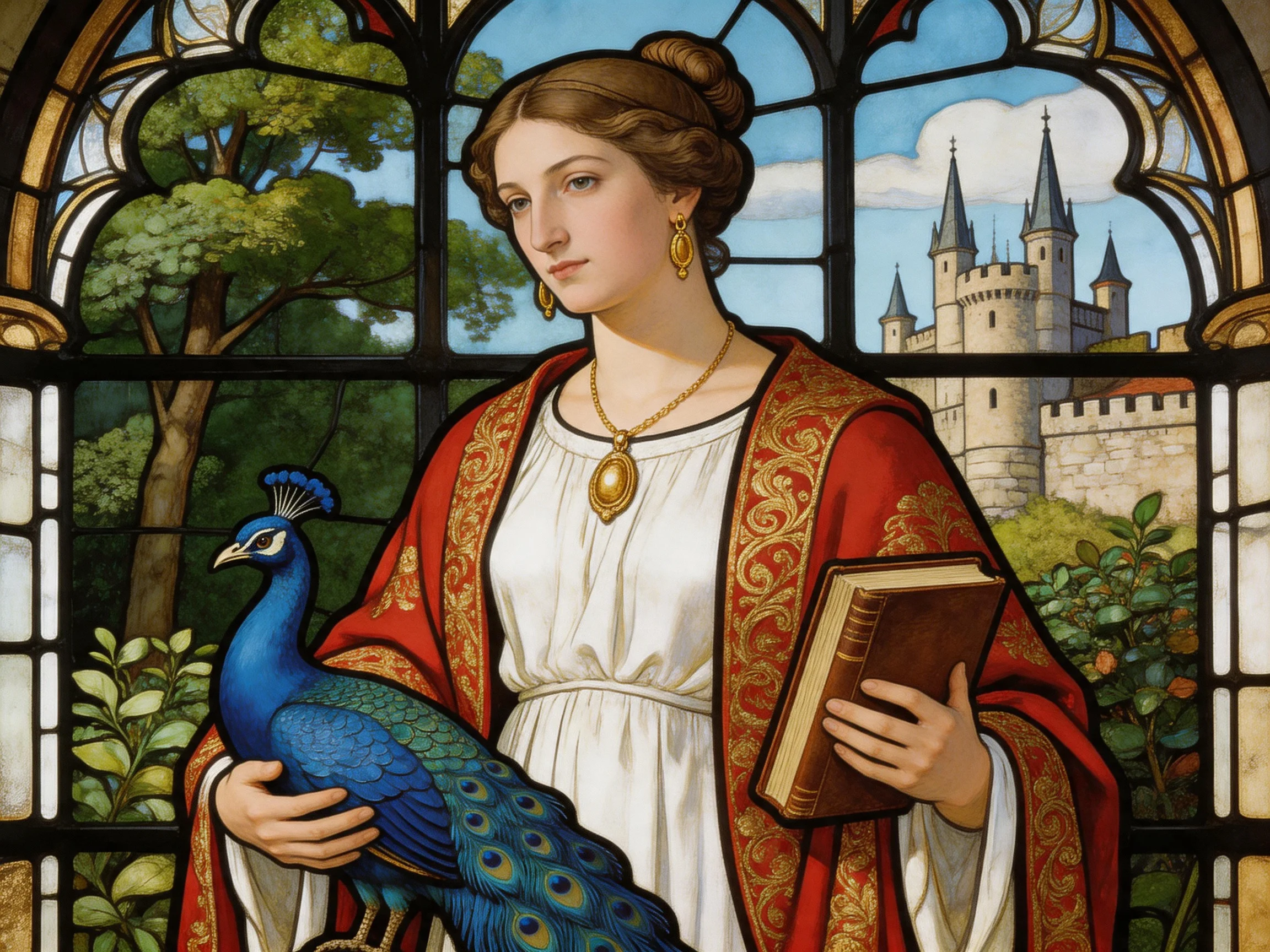 A woman in a red robe holds a peacock by a stained glass castle scene.