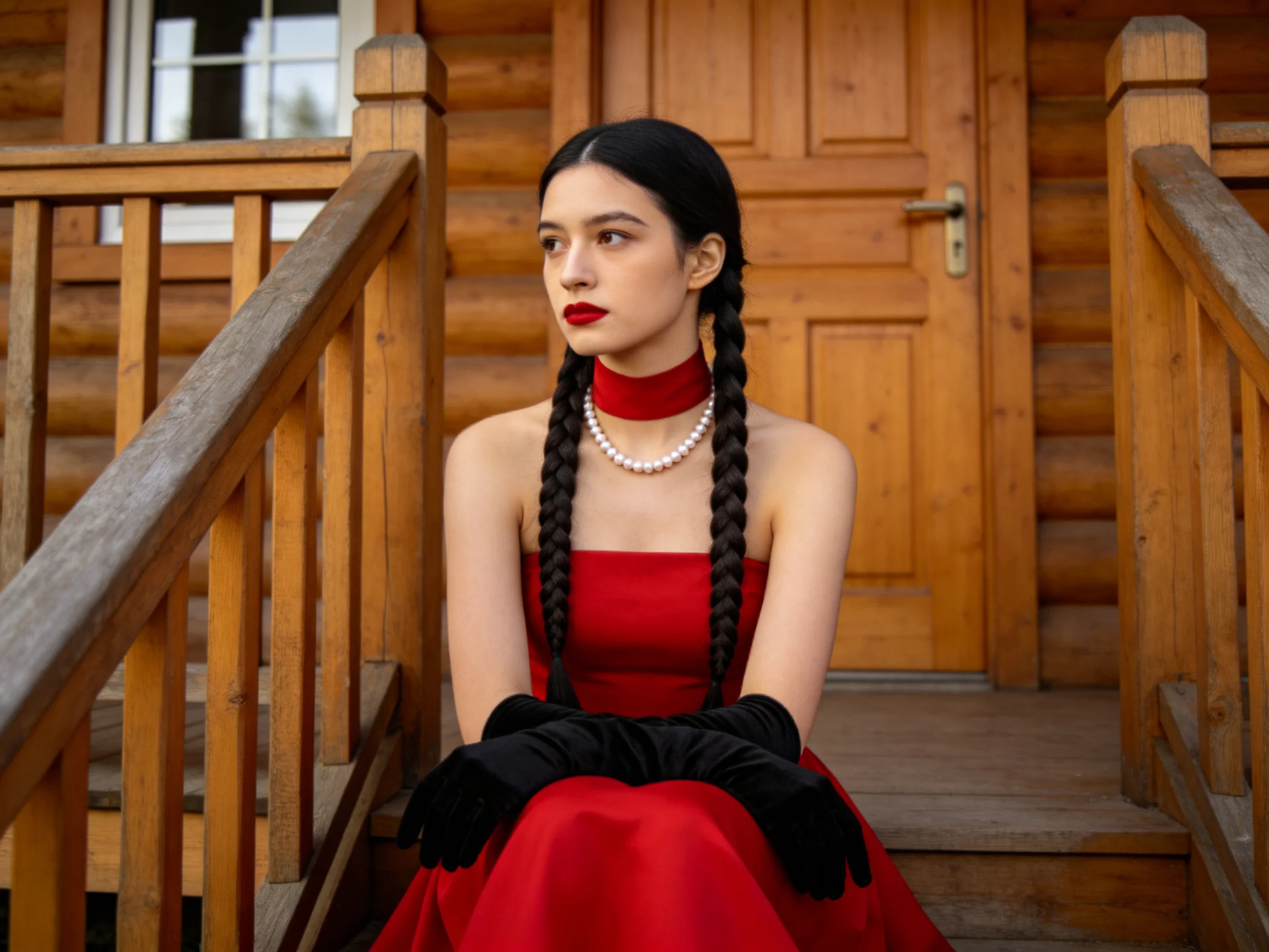 A woman in a red strapless gown sits on wooden cabin steps