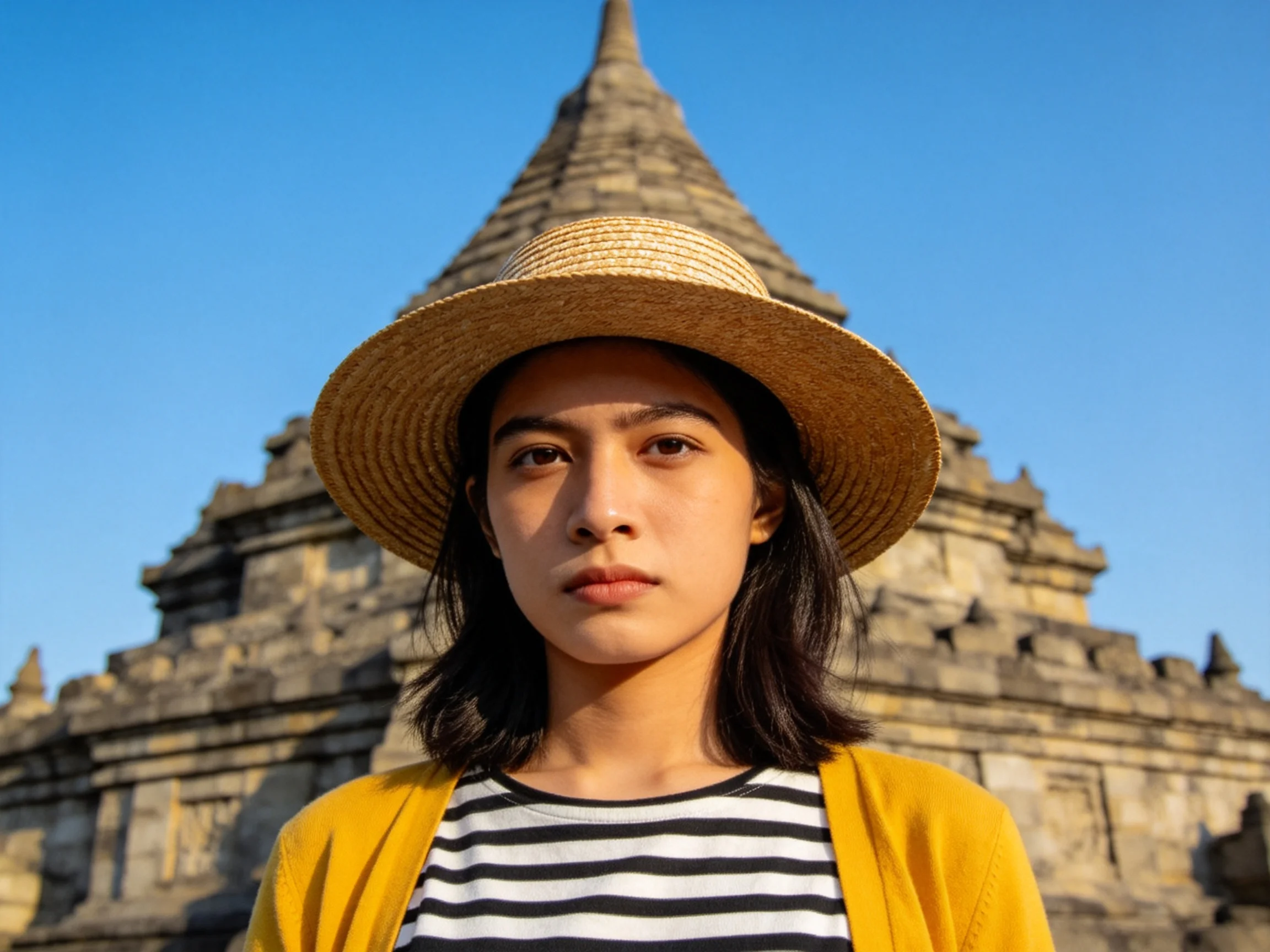 A woman in a straw hat stands before an ancient stone temple
