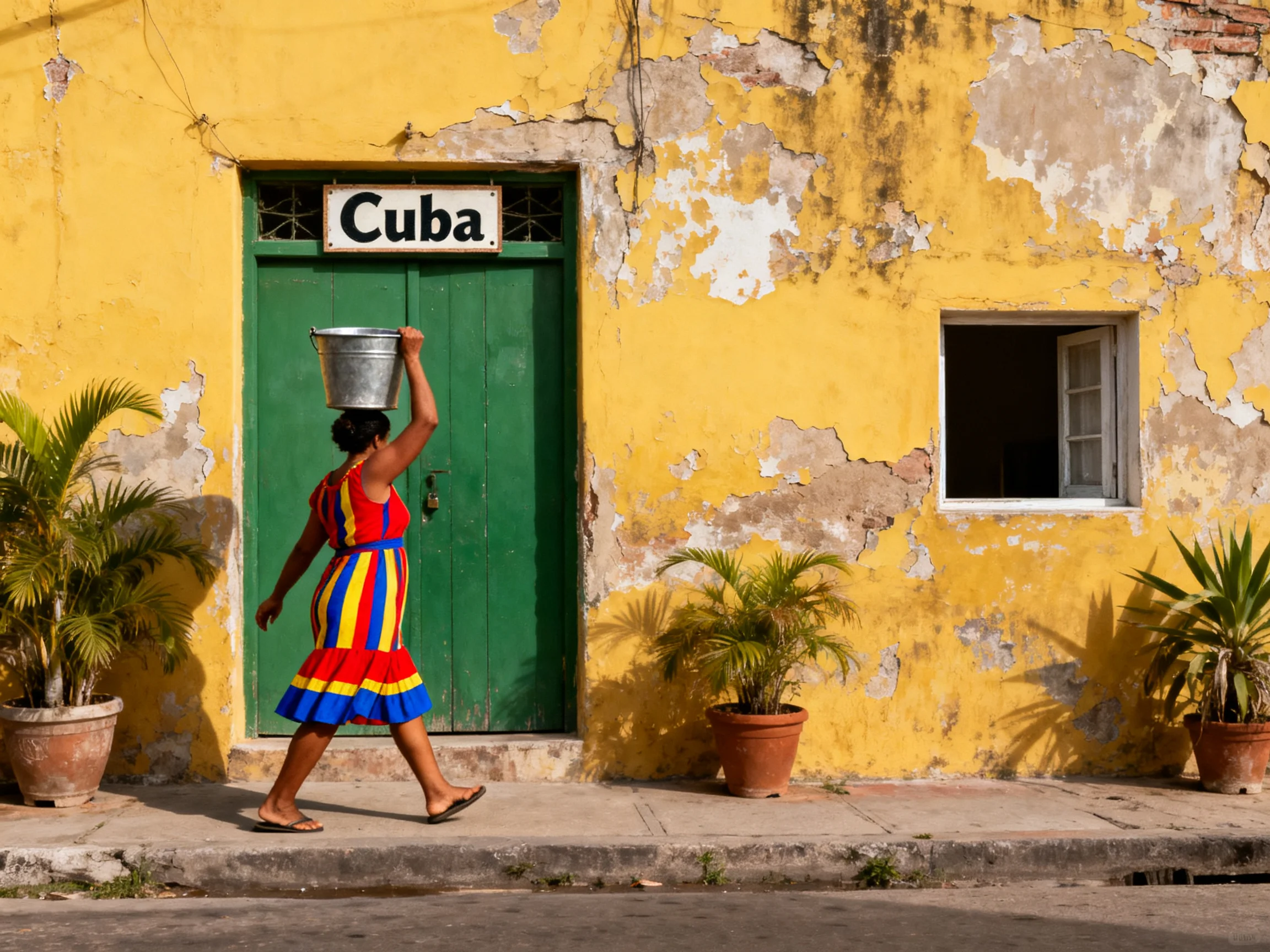 A woman in a vibrant striped dress balances a metal bucket near a weathered yellow Cuban building