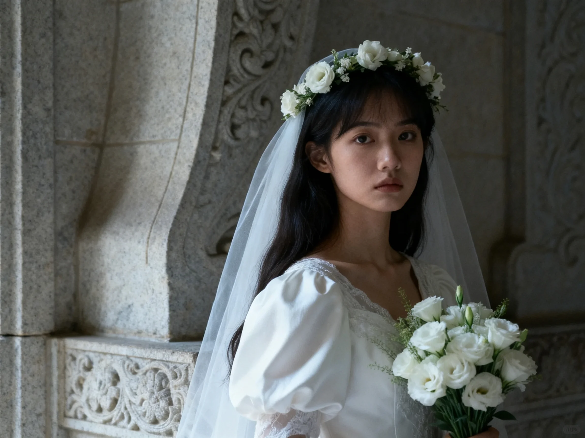 A woman in a white bridal gown with flower crown near ornate stone walls