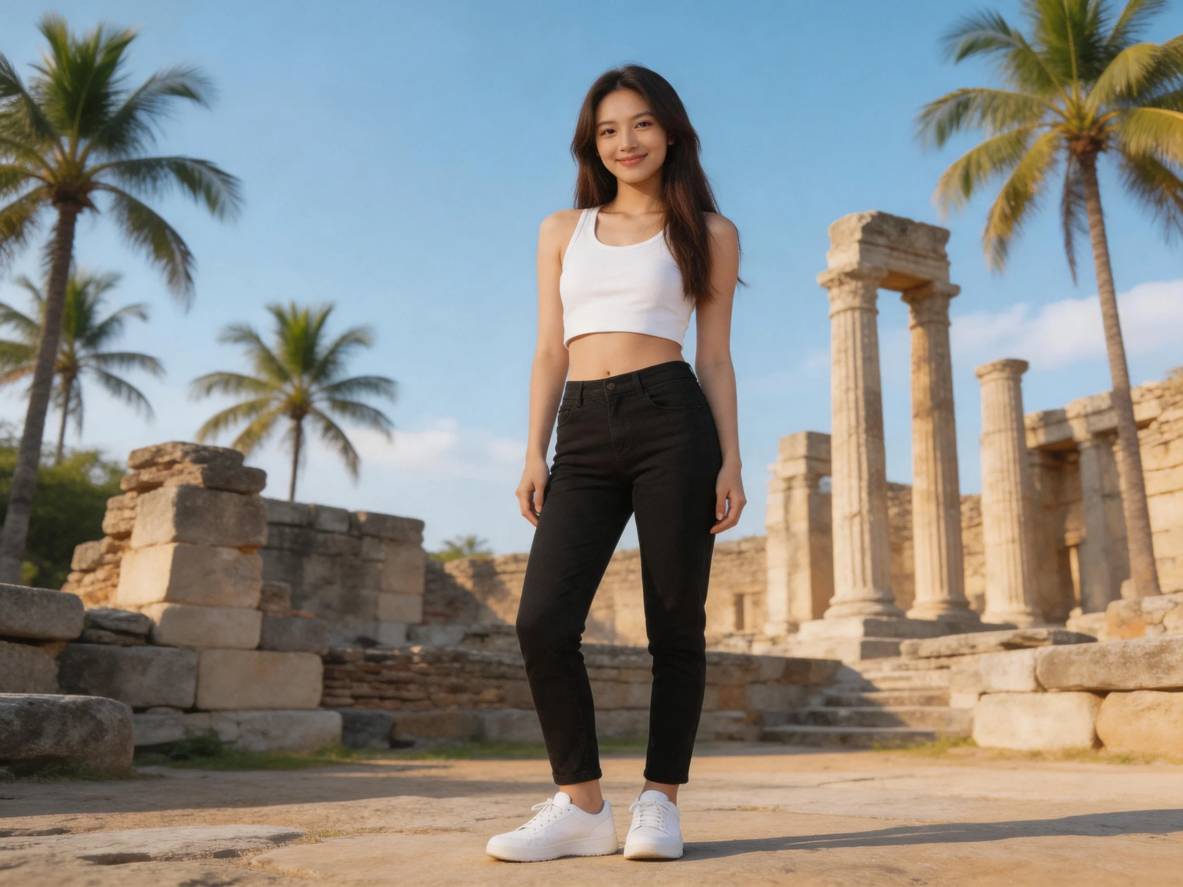 A woman in a white crop top poses near ancient stone ruins with palm trees