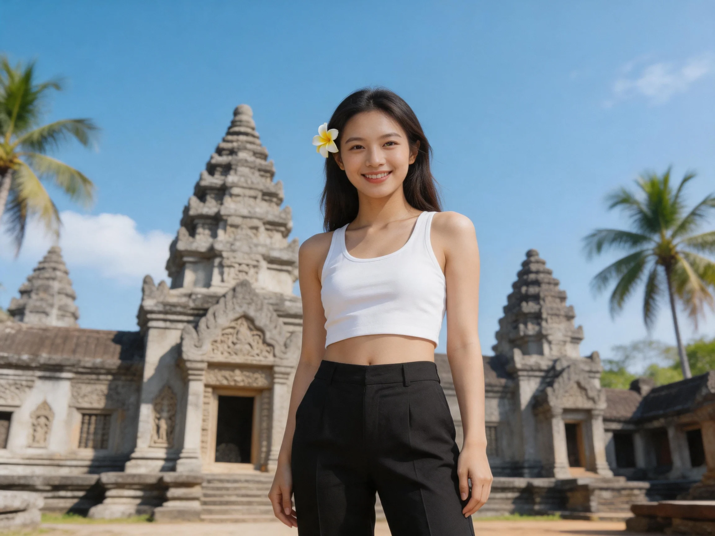 A woman in a white crop top stands before ancient stone temples with palm trees