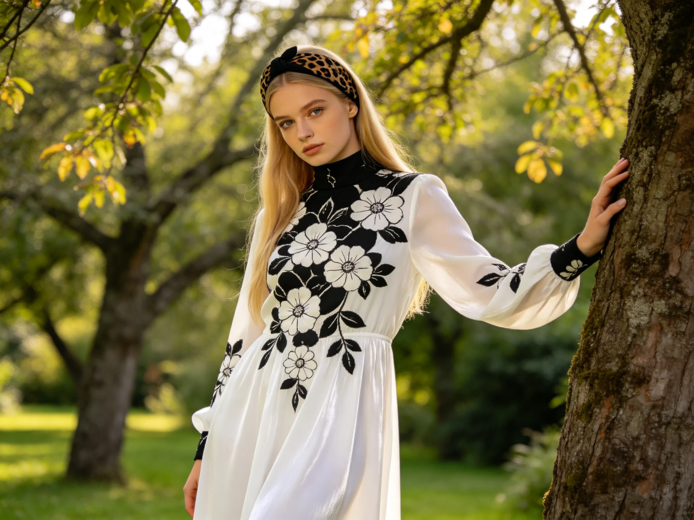 A woman in a white dress with black floral embroidery poses by a tree in a sunlit park