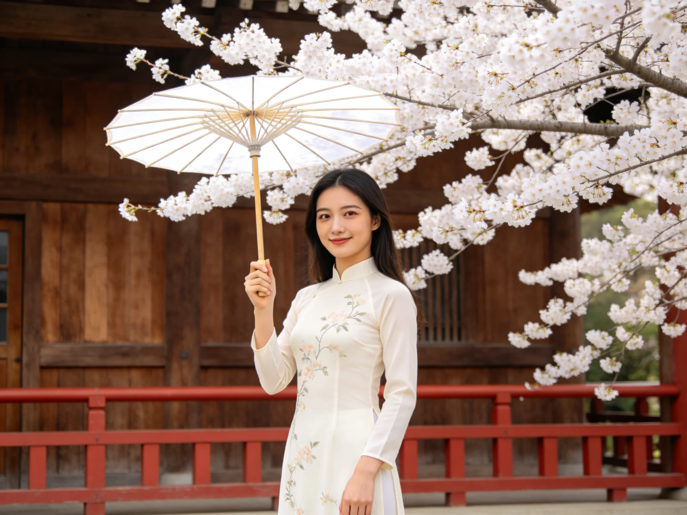 A woman in a white floral dress holds an umbrella near cherry blossoms