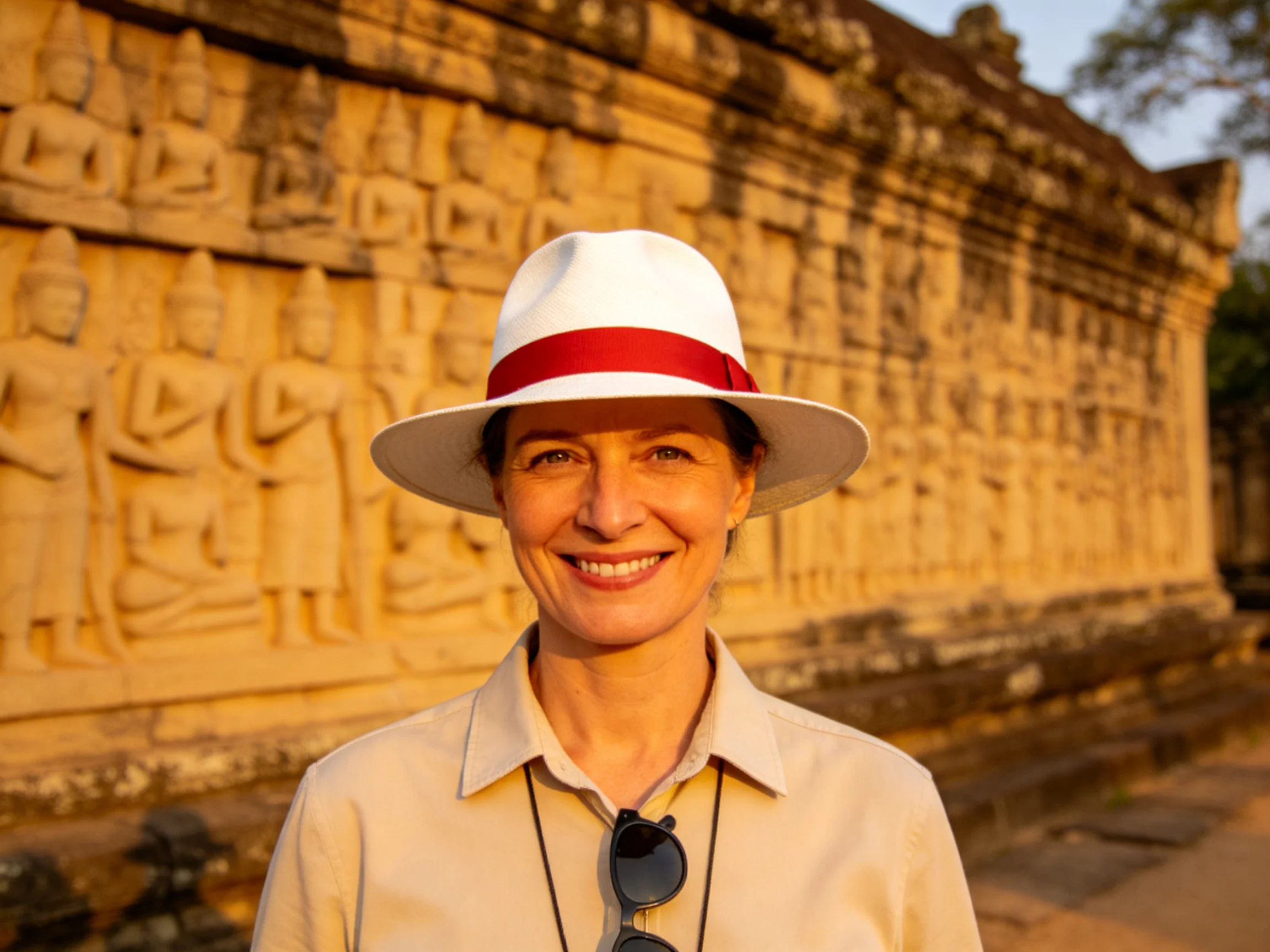 A woman in a white hat stands before an ancient stone temple wall with carved figures