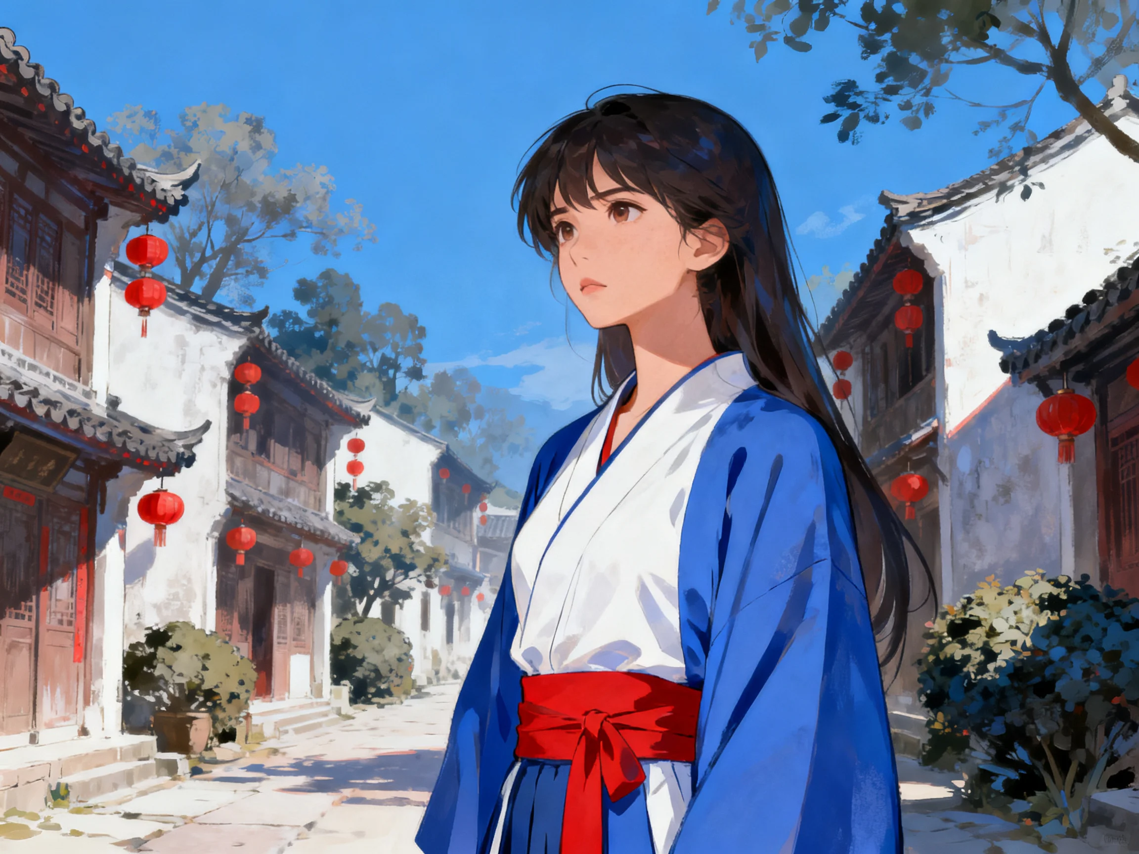 A woman in blue and white attire stands amid ancient buildings with red lanterns