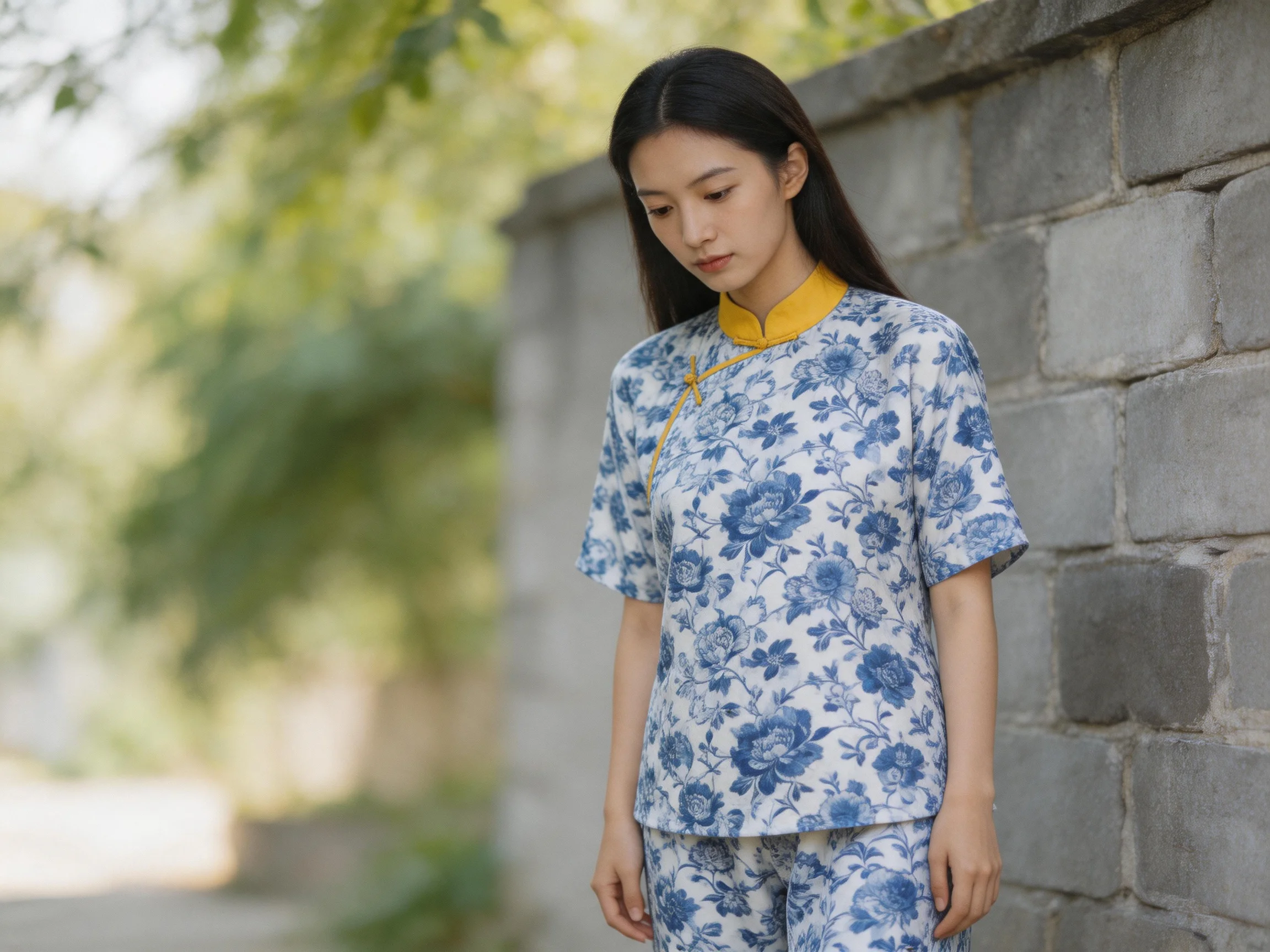 A woman in blue floral traditional clothing with yellow collar near stone wall