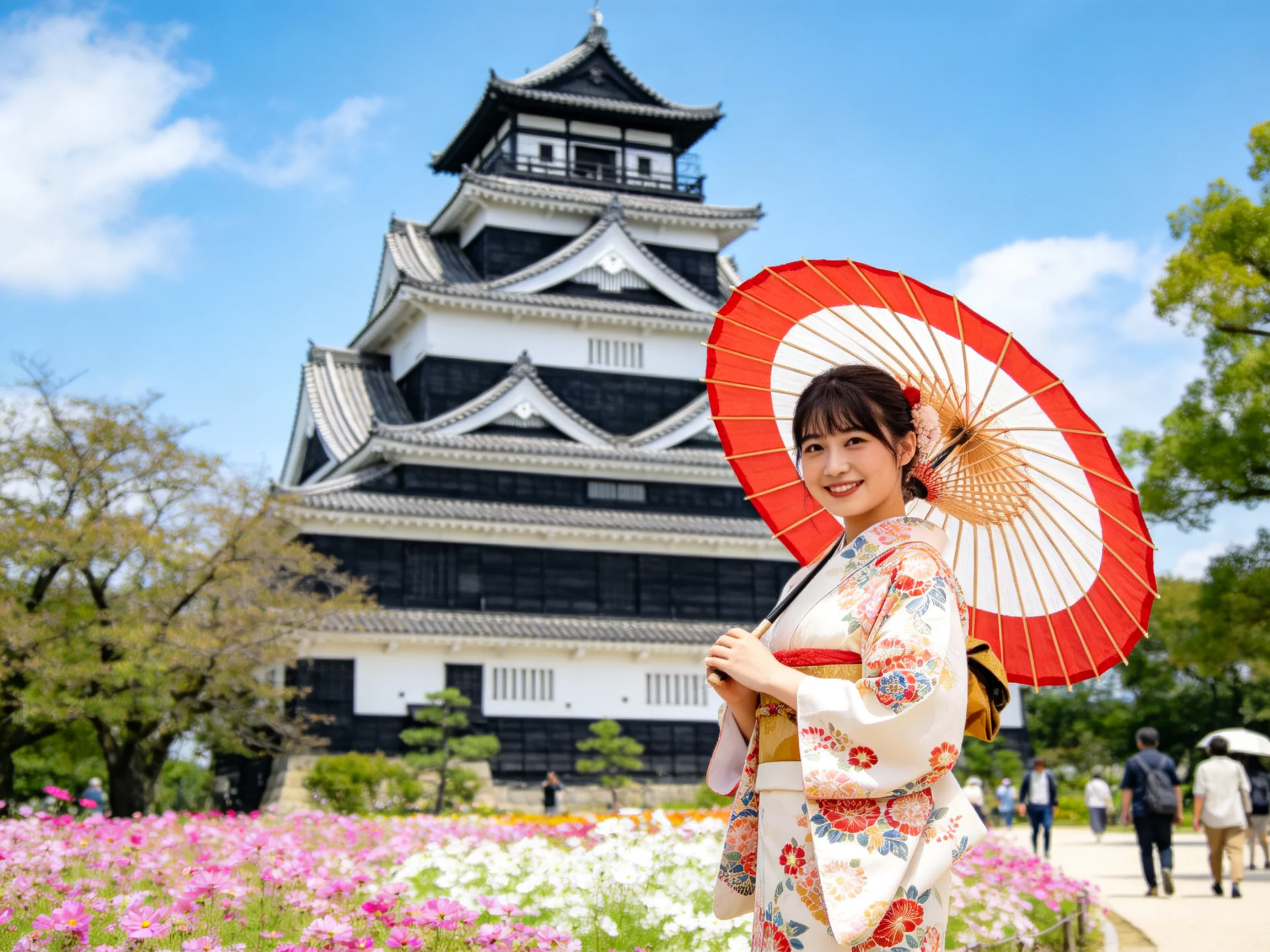 A woman in floral kimono holds a red parasol near a black-and-white castle tower