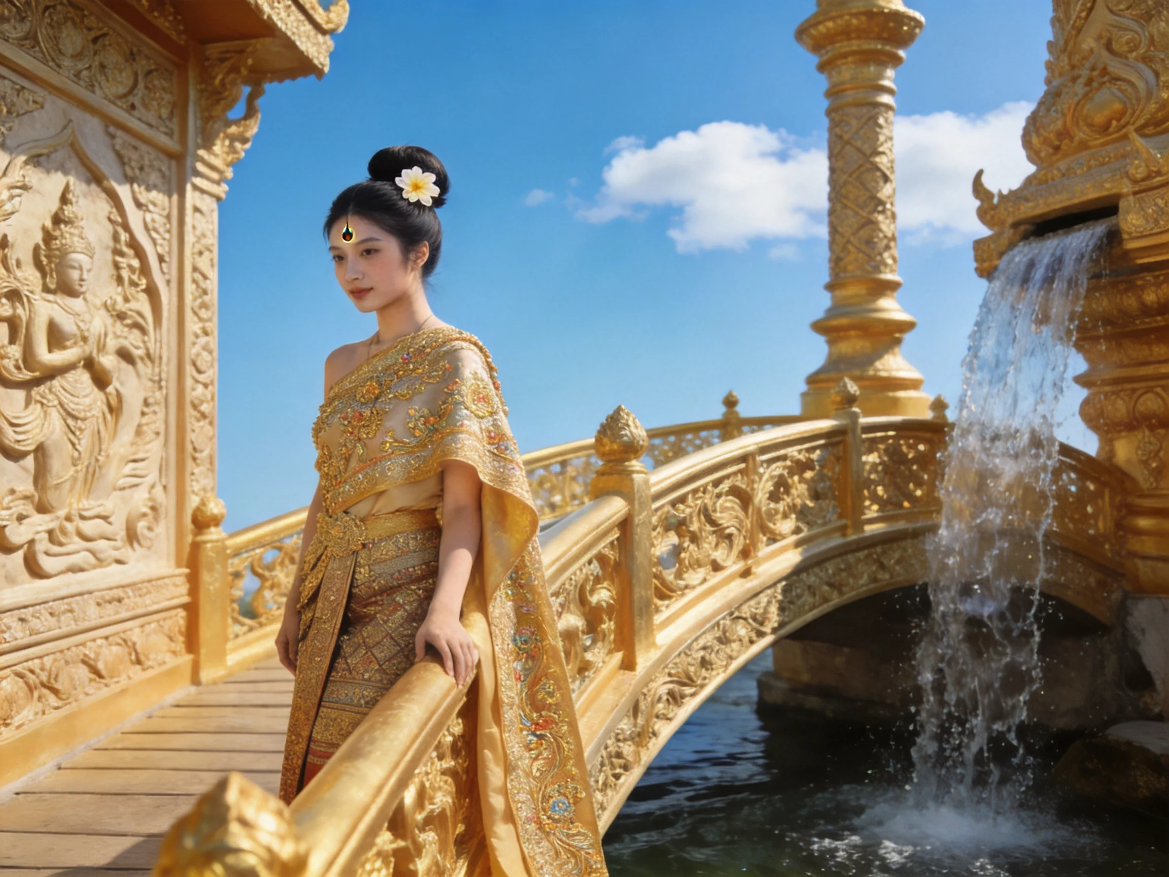 A woman in ornate golden attire stands on a decorative gold bridge with carved structures