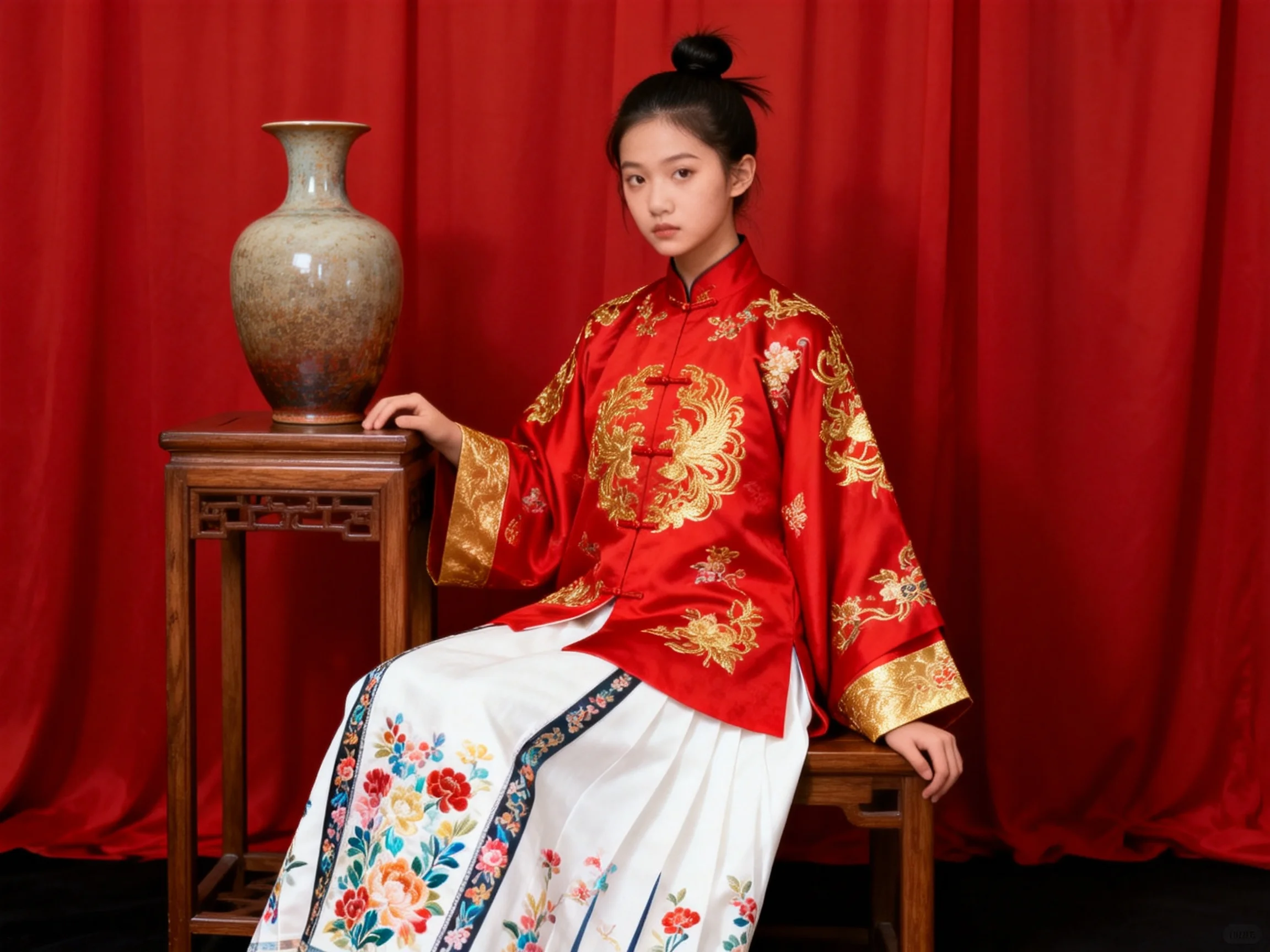 A woman in ornate red and white traditional attire beside a wooden table with a large vase