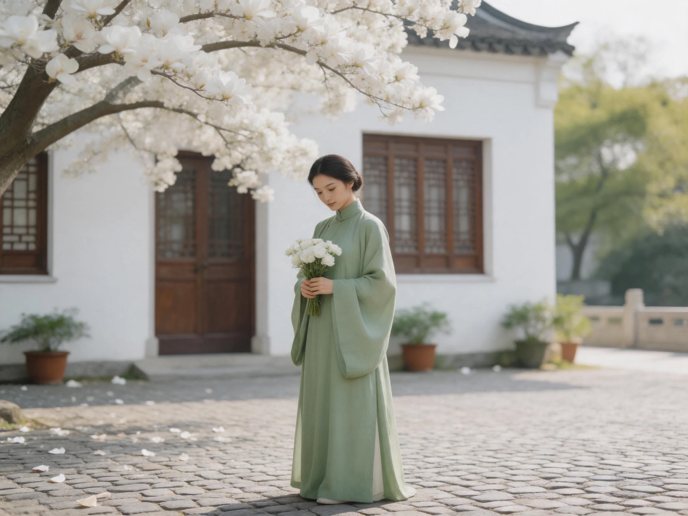 A woman in sage-green attire holds white blooms beside a white traditional building