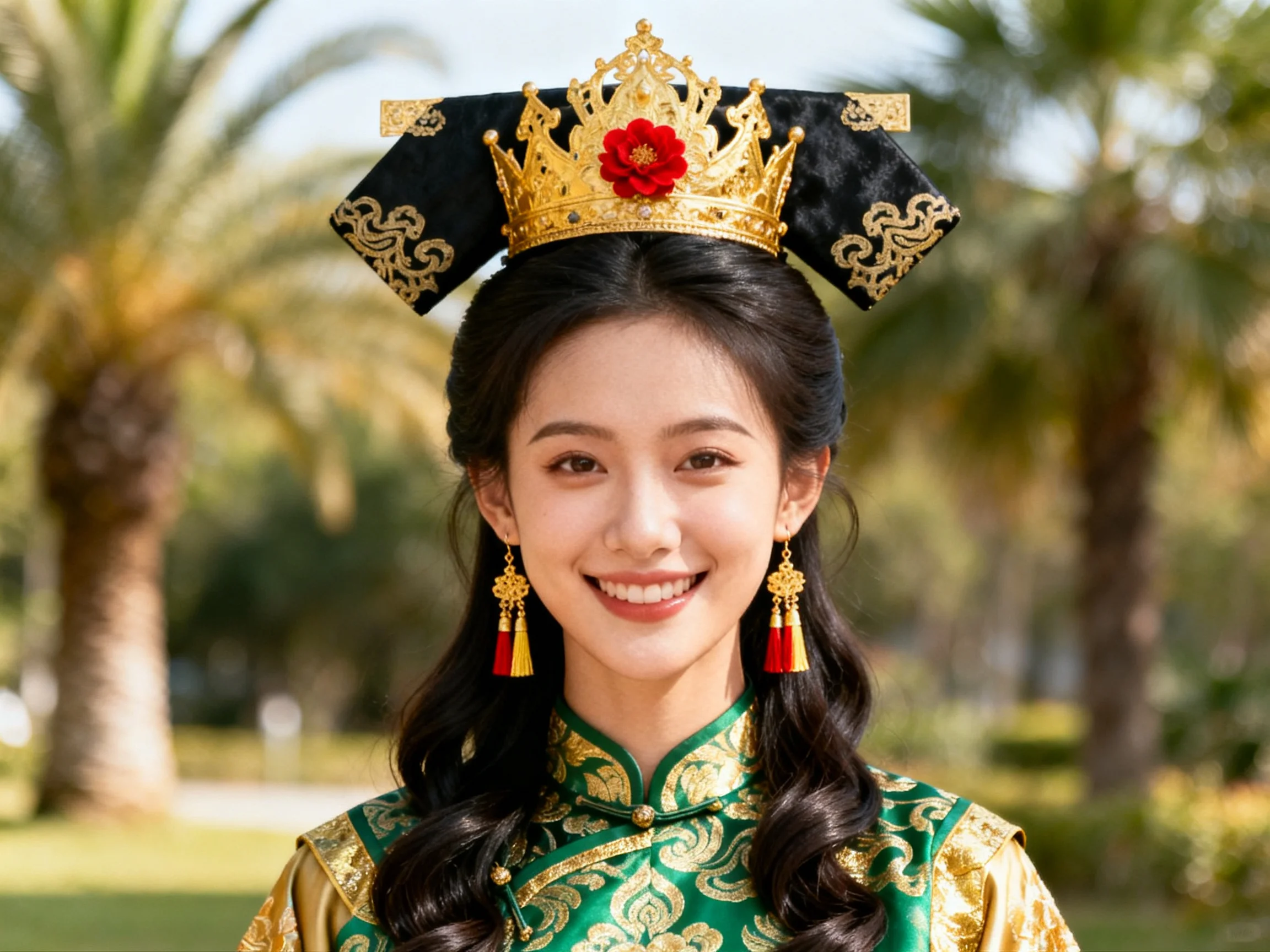 A woman in traditional attire with golden crown and green-gold dress