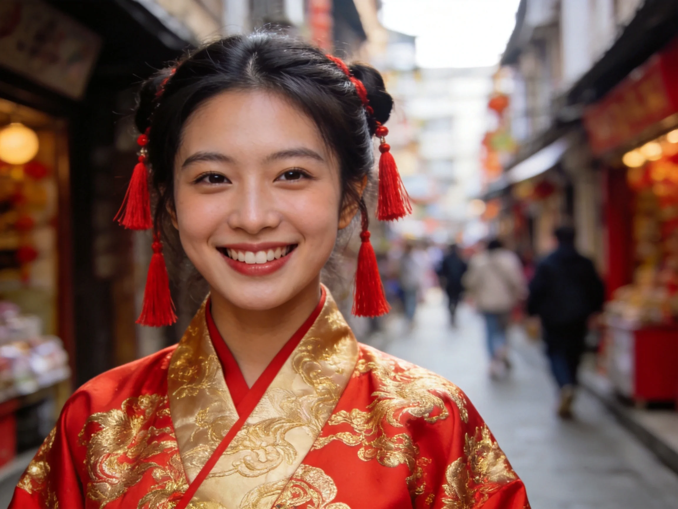 A woman in vibrant red and gold traditional clothing on a historic street