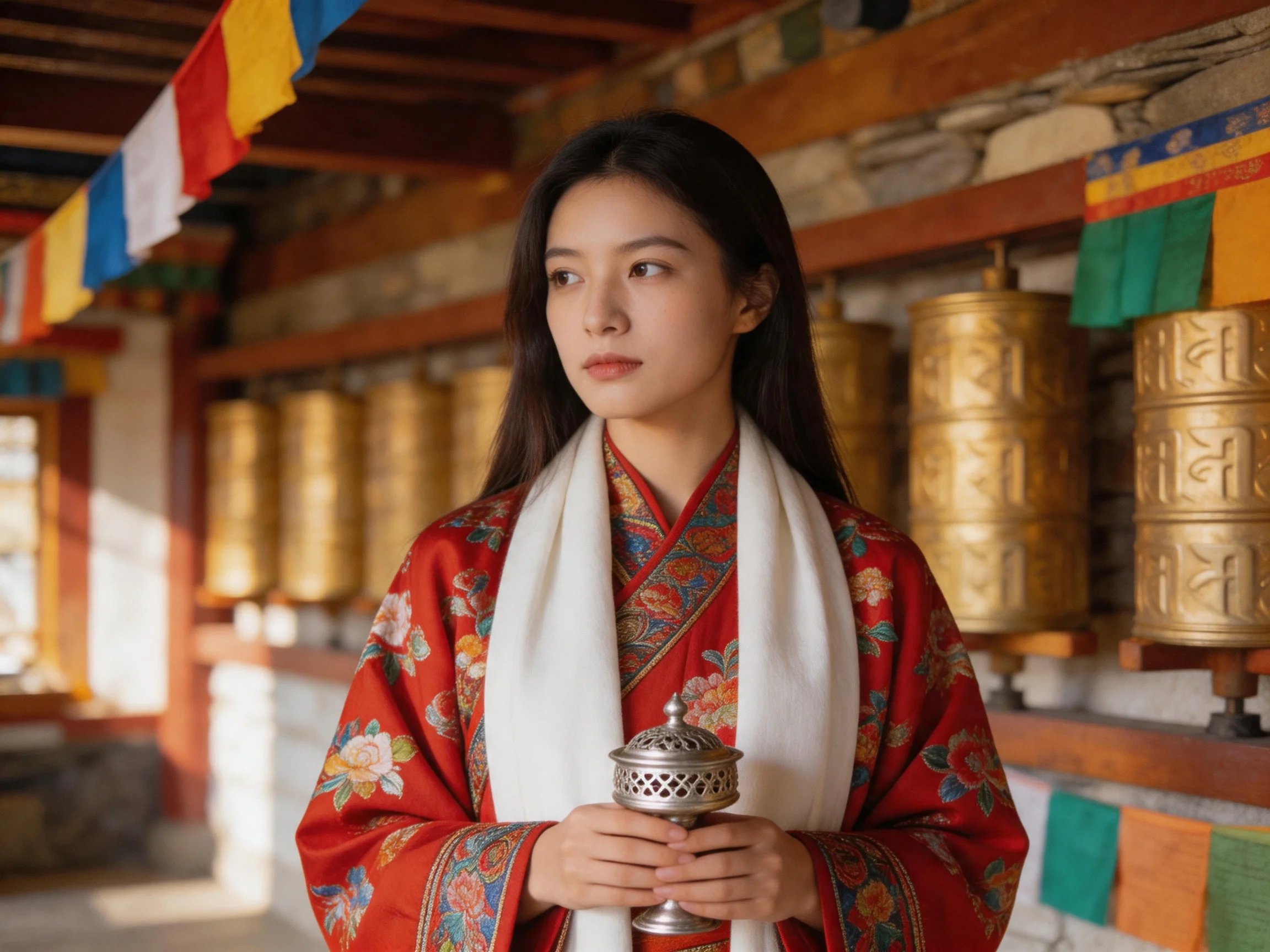 A woman in vibrant red traditional clothing stands near golden prayer wheels and colorful flags