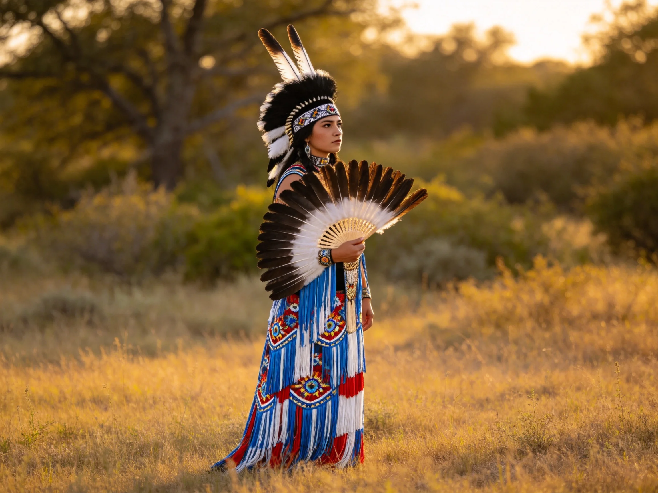 A woman in vibrant traditional attire holds a feathered fan in a golden field