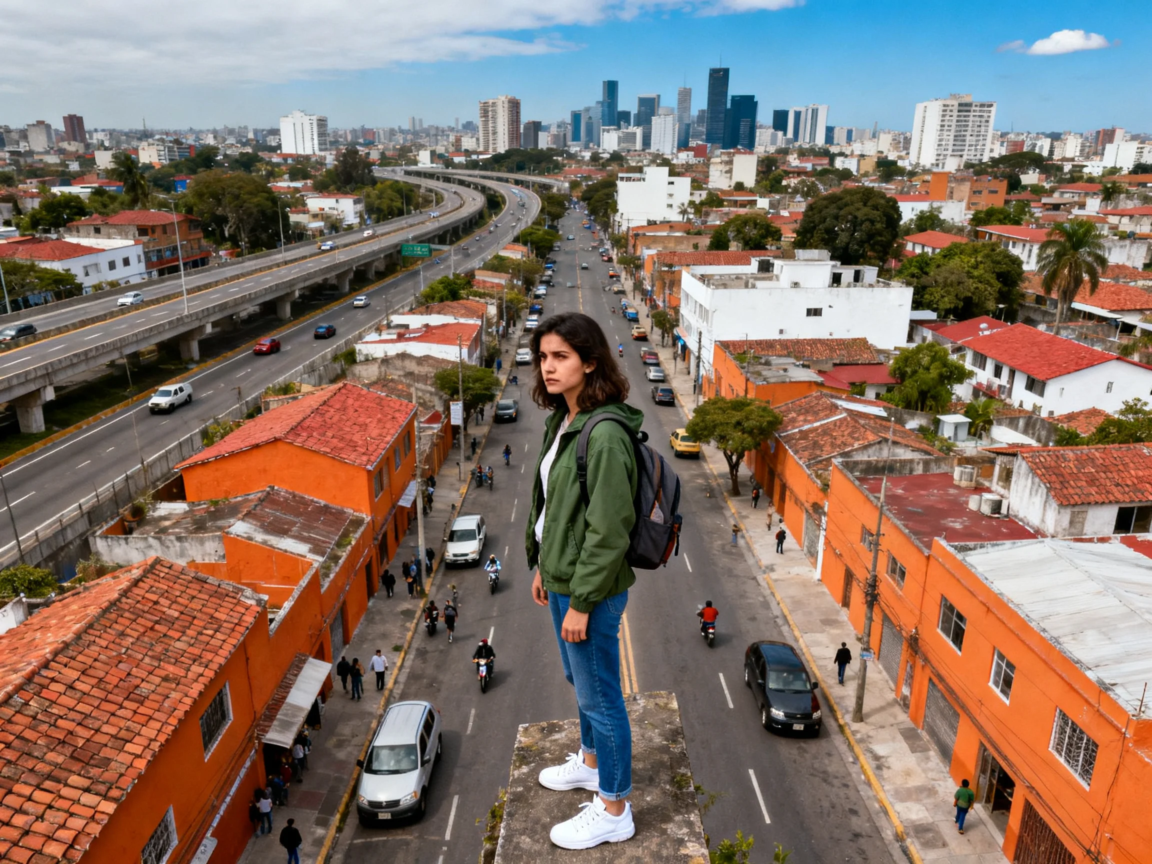 A woman overlooks colorful city streets from an elevated spot