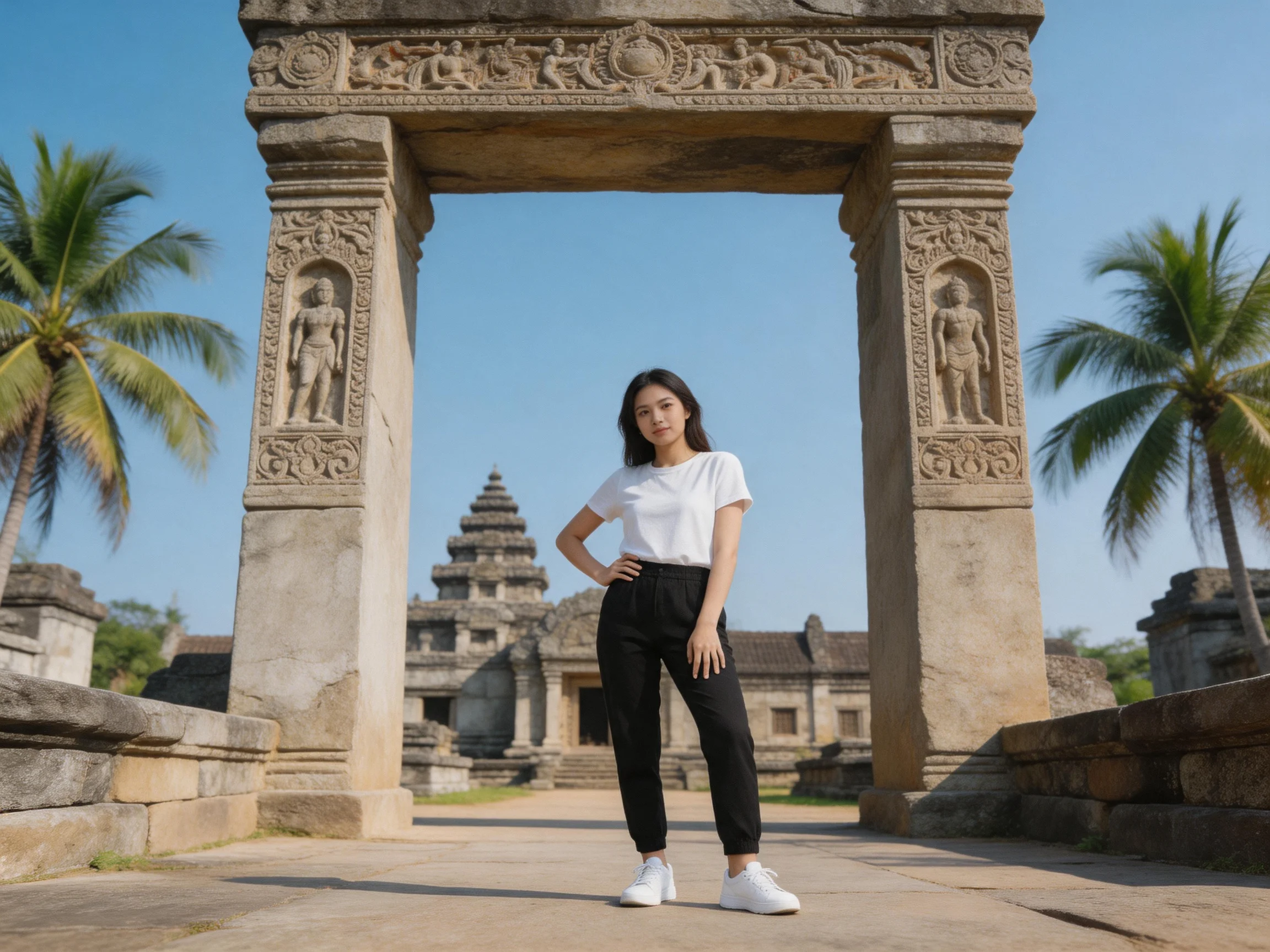 A woman poses beneath an ornate stone gateway with ancient temple ruins