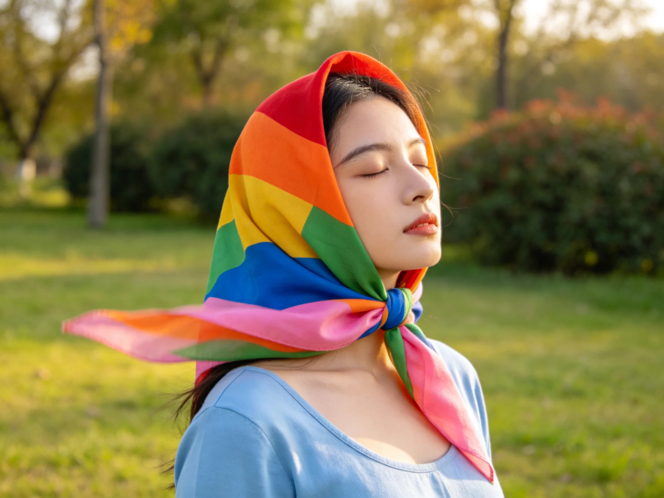 A woman wearing a colorful rainbow headscarf in a sunlit park