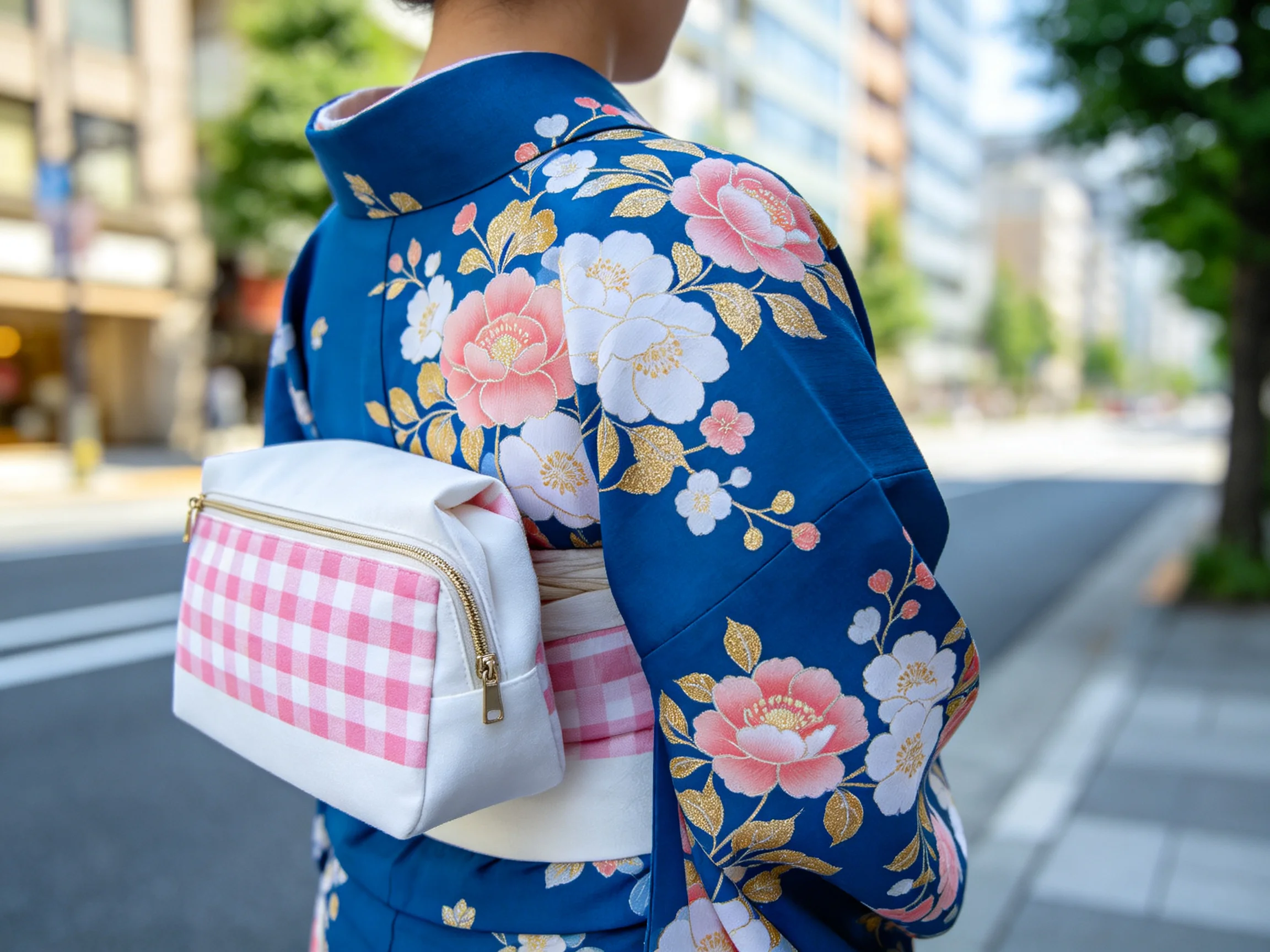 A woman wears a blue floral kimono with a pink-and-white bag