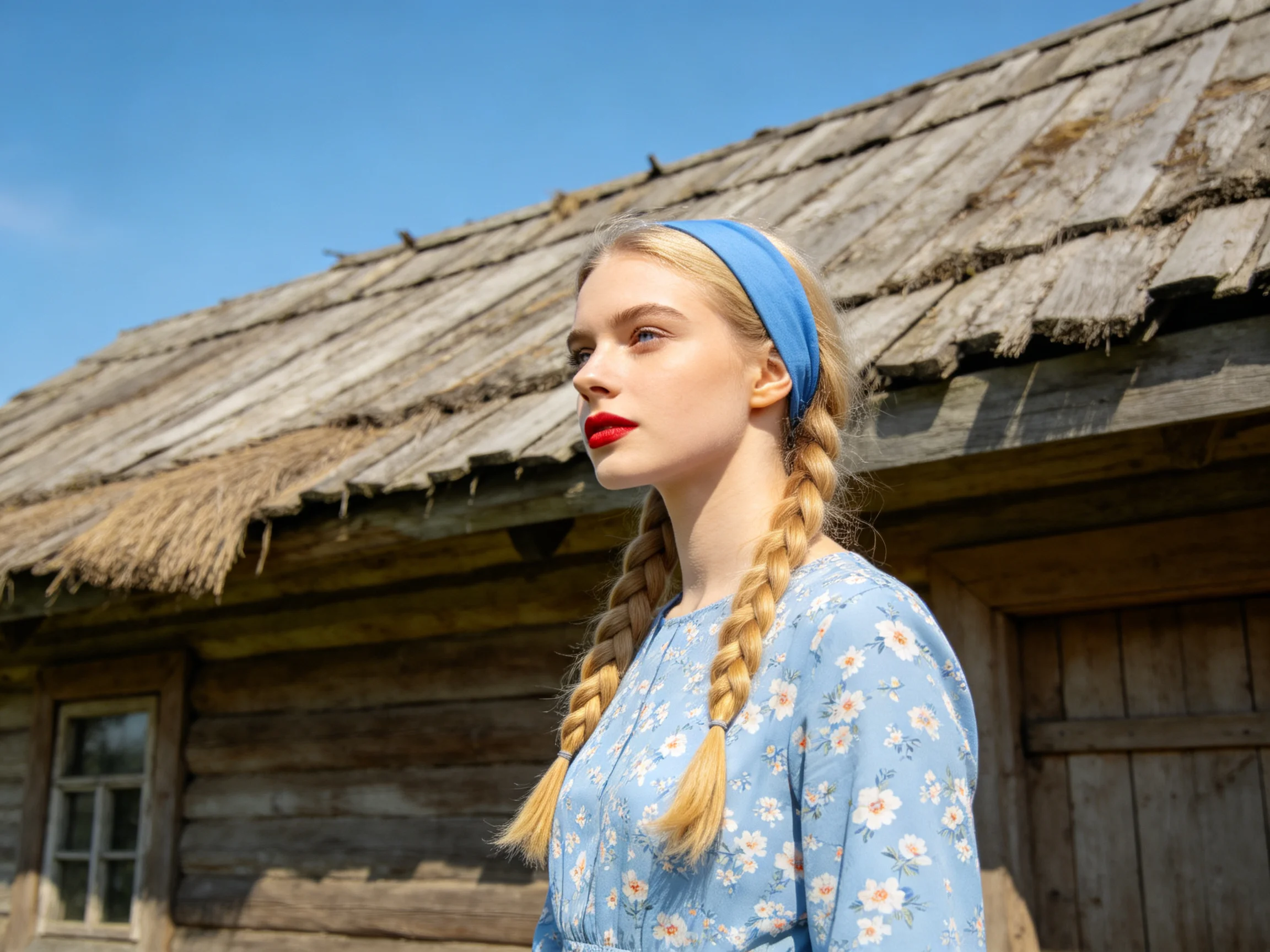 A woman with blonde braids wears a blue floral dress beside an old wooden cabin
