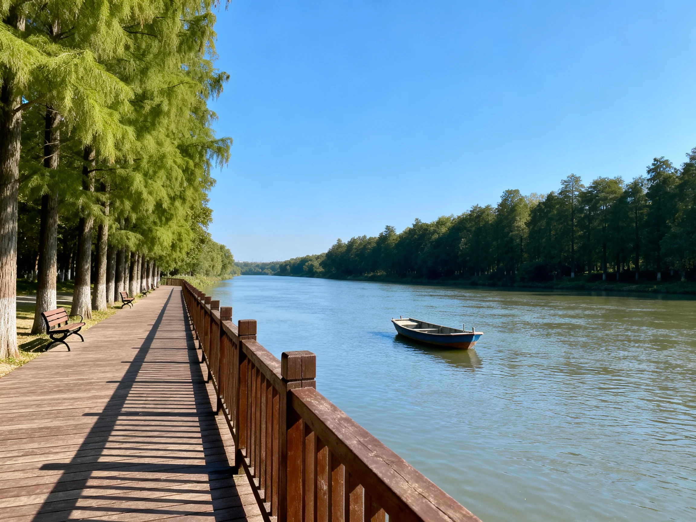 A wooden boardwalk beside calm water with a small boat and tall green trees