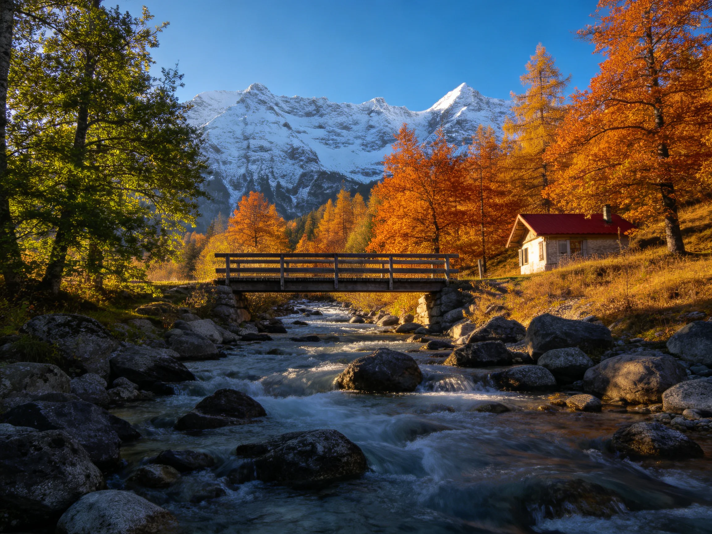 A wooden bridge spans a rocky stream with autumn foliage near a cozy cabin