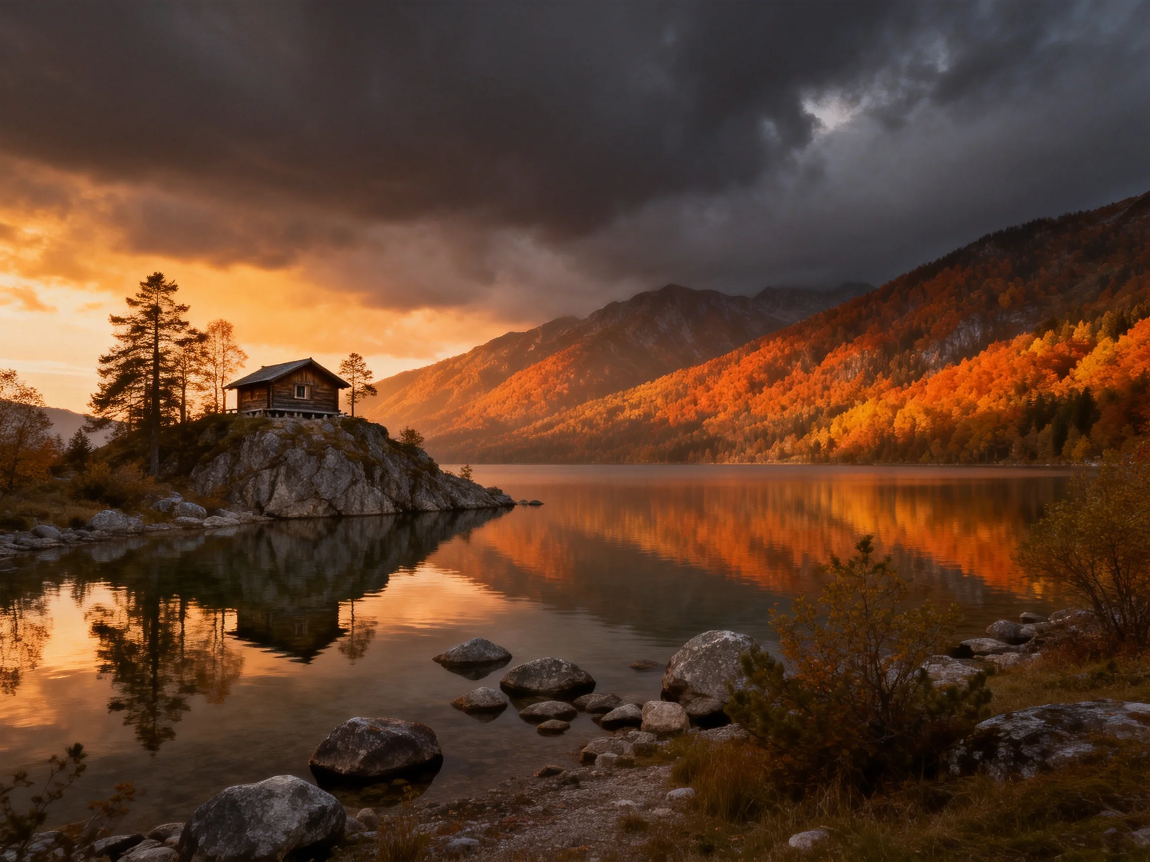 A wooden cabin atop a rocky outcrop near a calm autumn lake