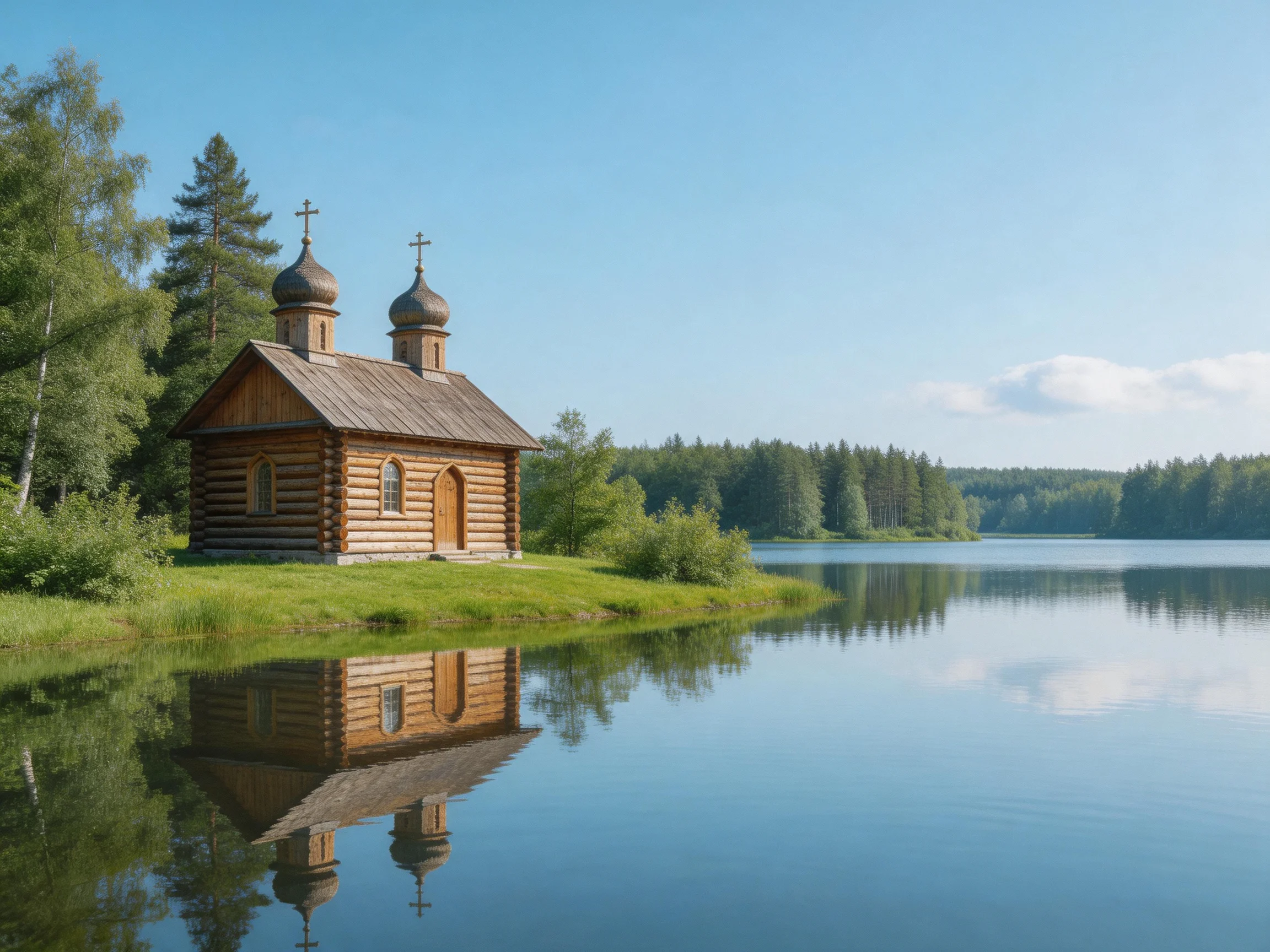 A wooden chapel with onion domes by a calm blue lake