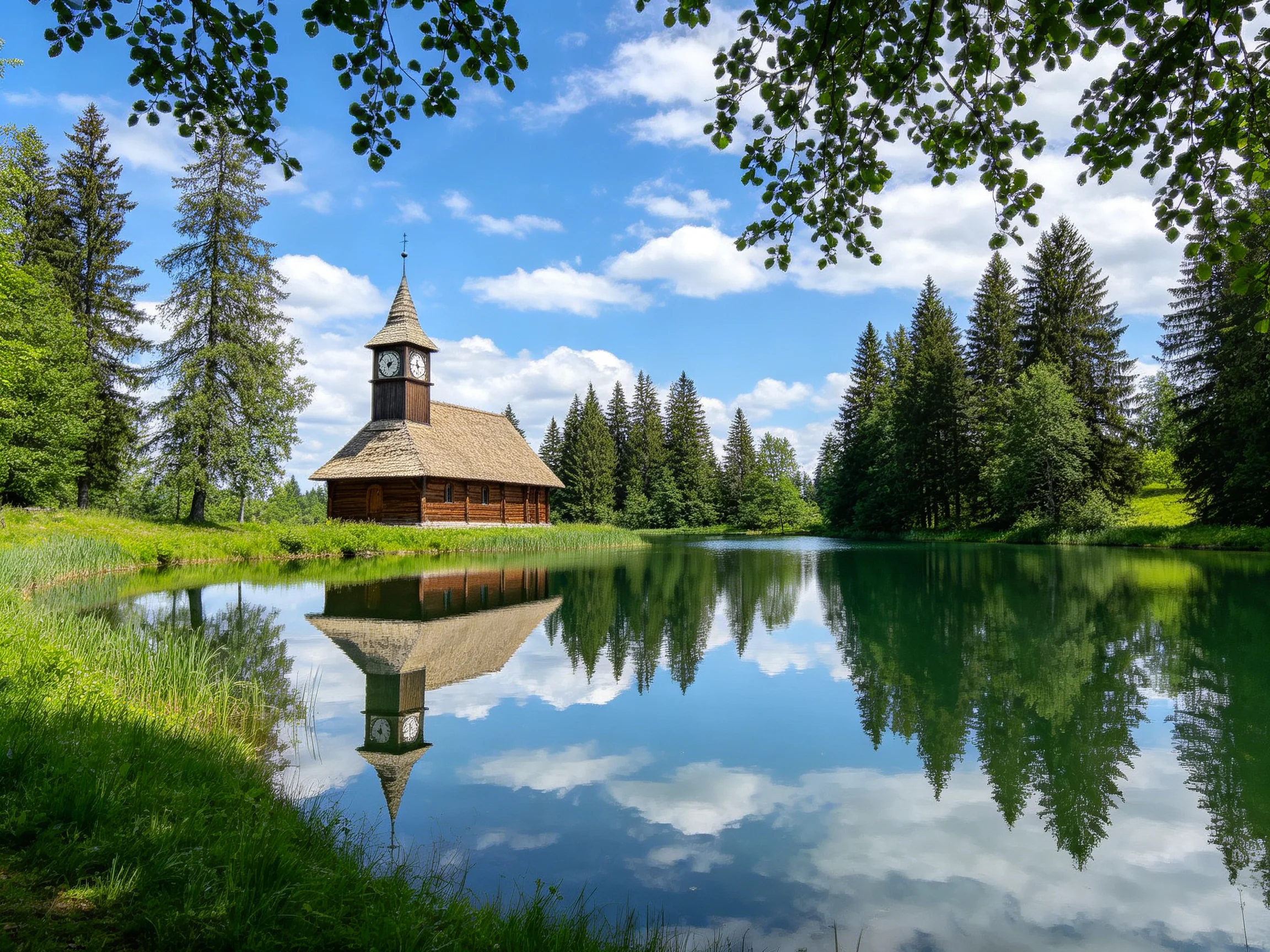 A wooden church with a clock tower beside a calm reflective lake surrounded by greenery