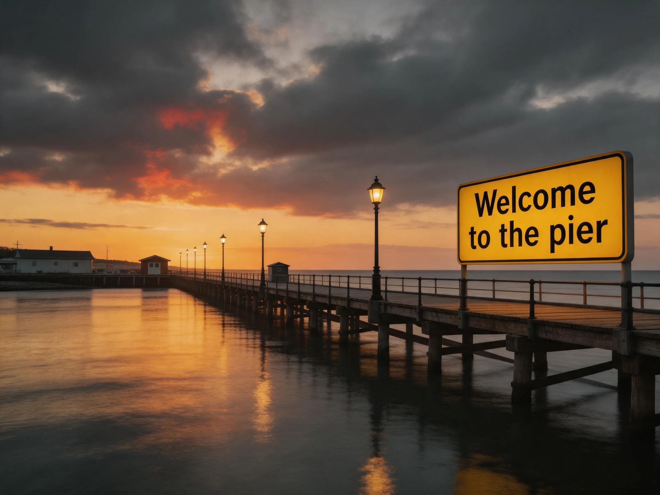 A wooden pier extends over calm waters at sunset with a bright welcome sign