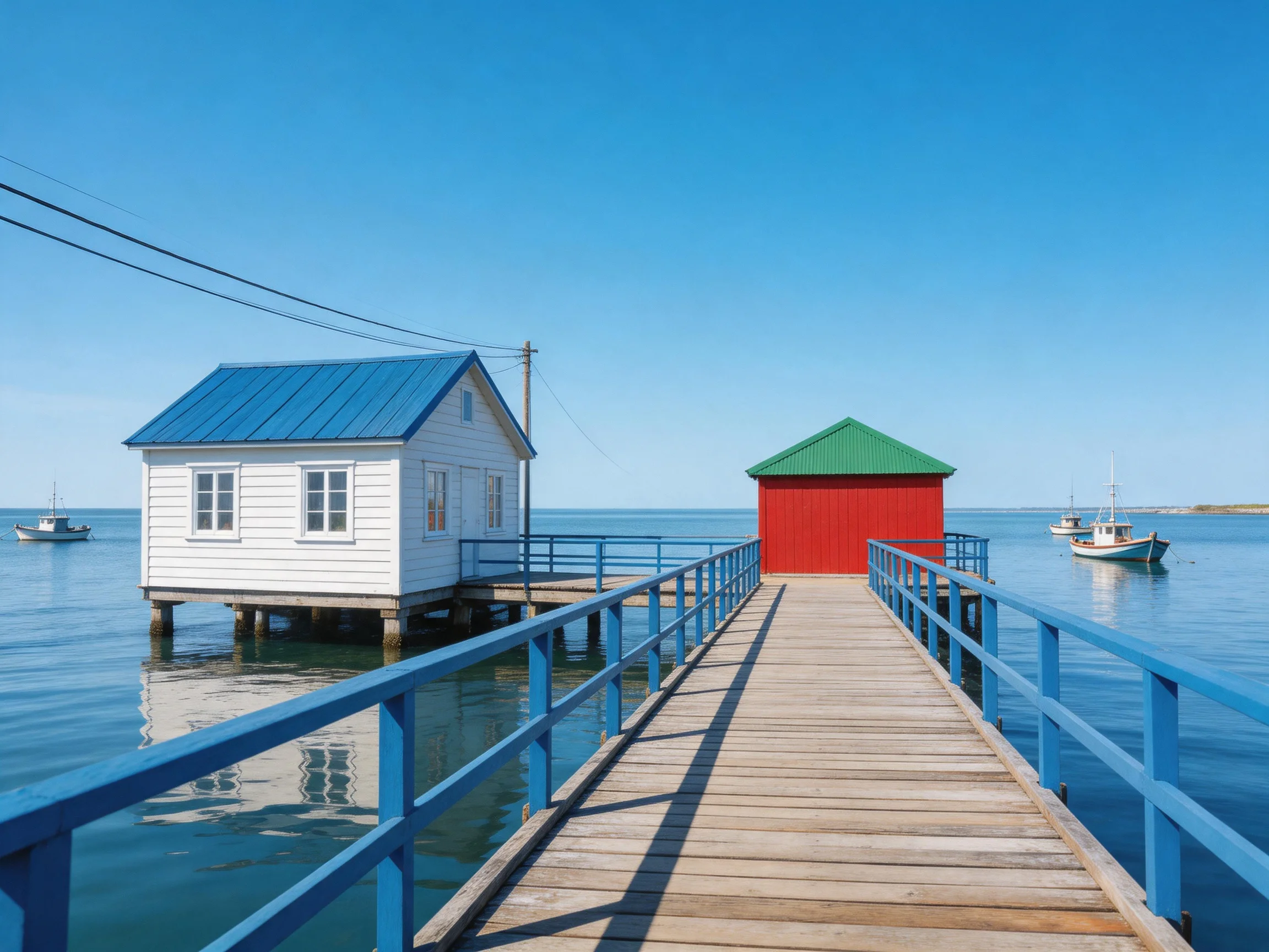 A wooden pier leads to white and red structures over calm water