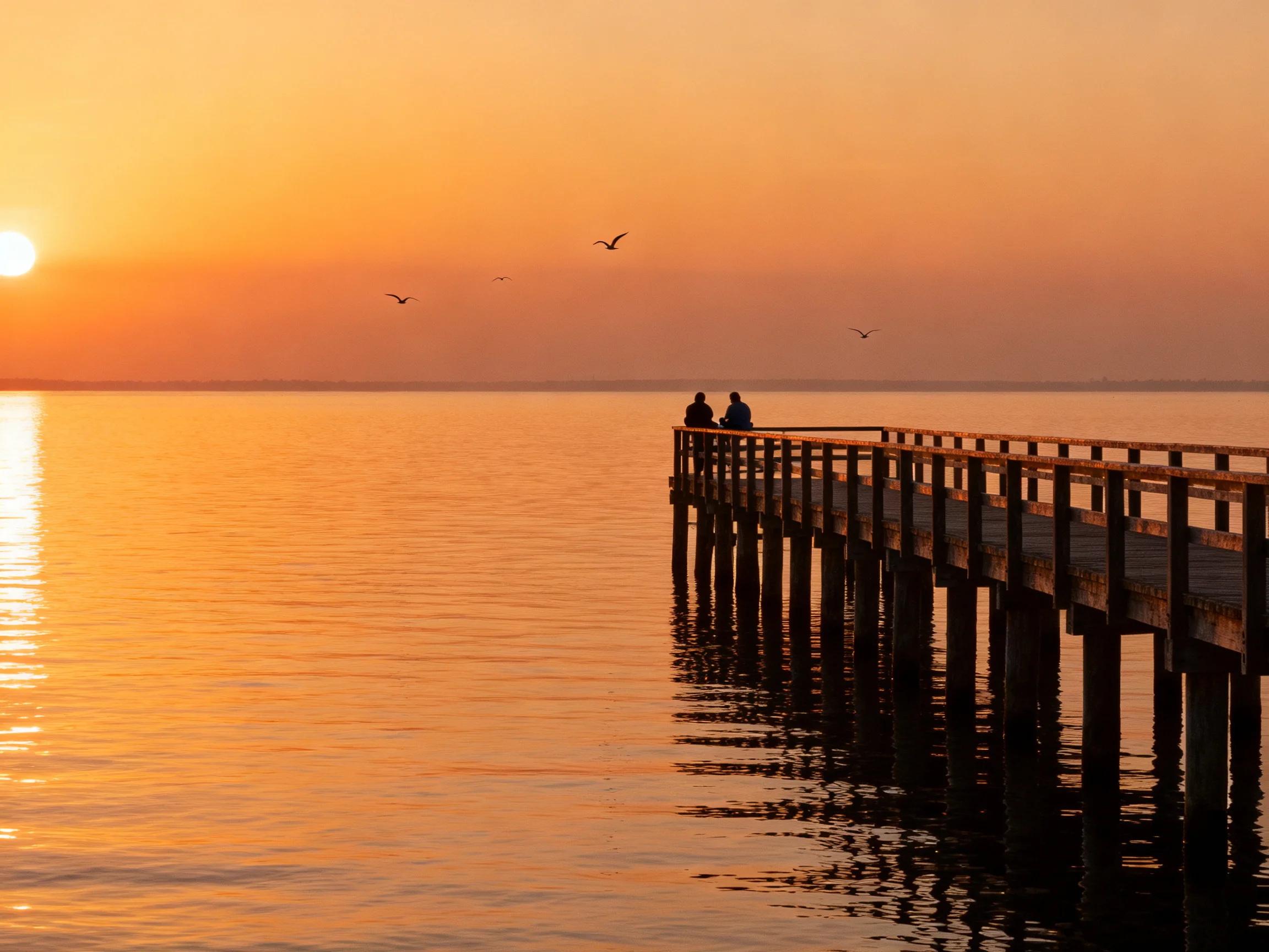 A wooden pier stretches over calm waters under an orange sunset sky