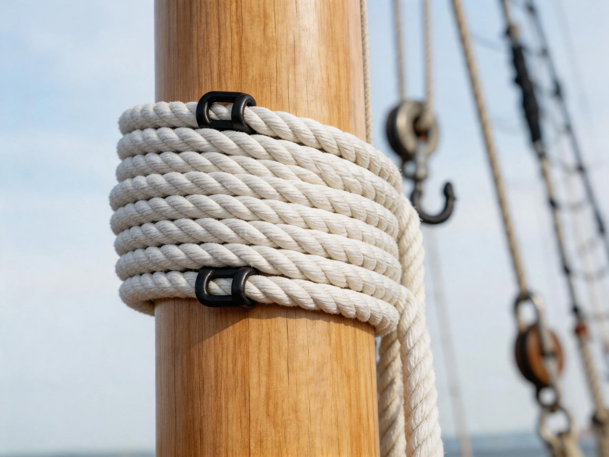A wooden pole wrapped in thick white ropewith black fasteners