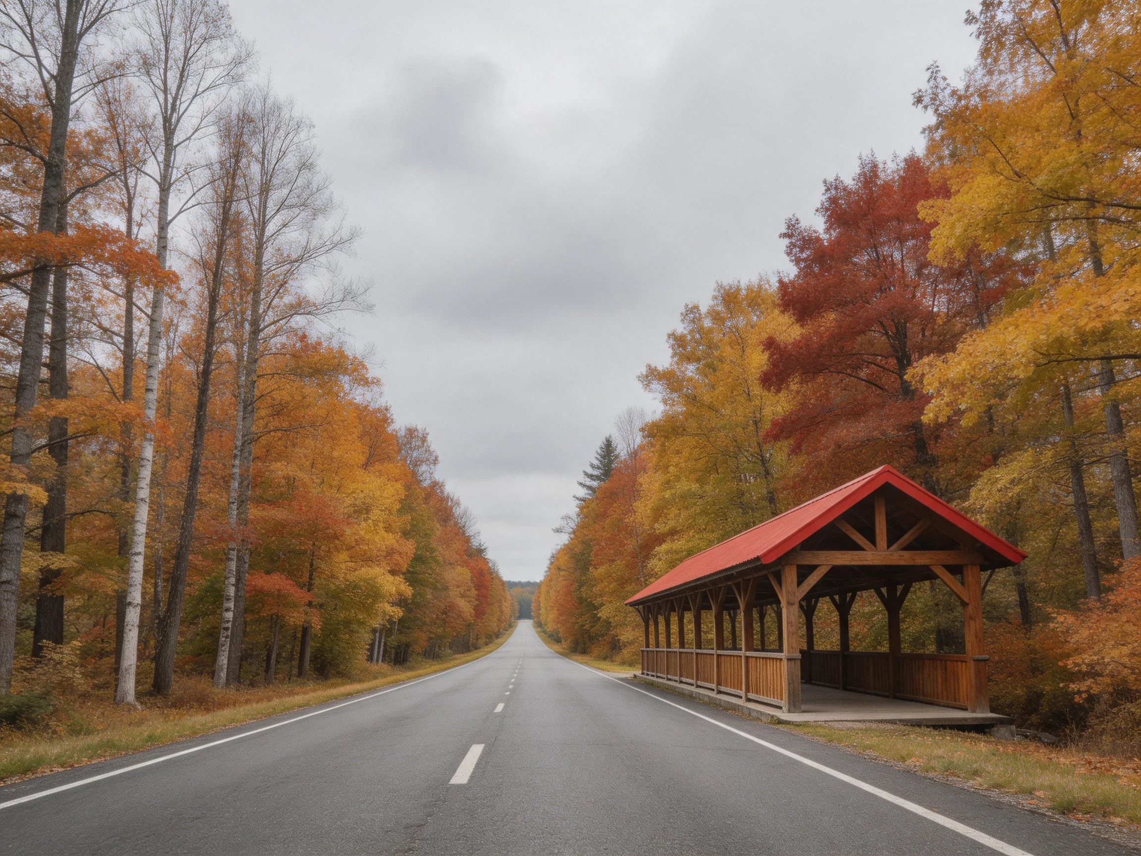 A wooden shelter with red roof alongside a road lined with colorful fall trees
