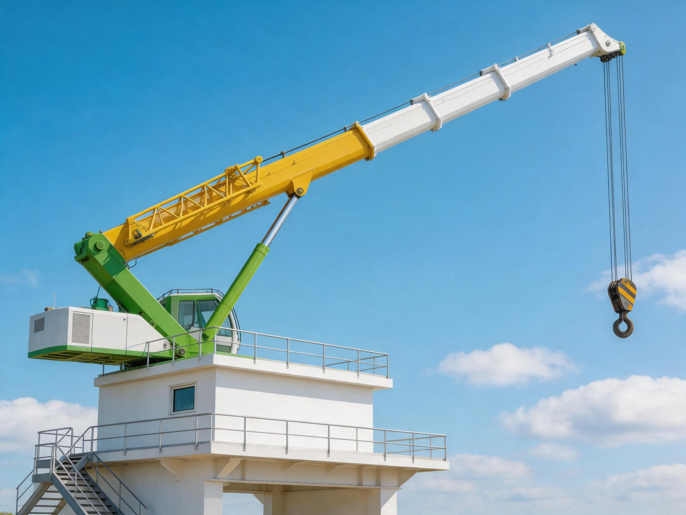 A yellow and green crane mounted on a white industrial tower