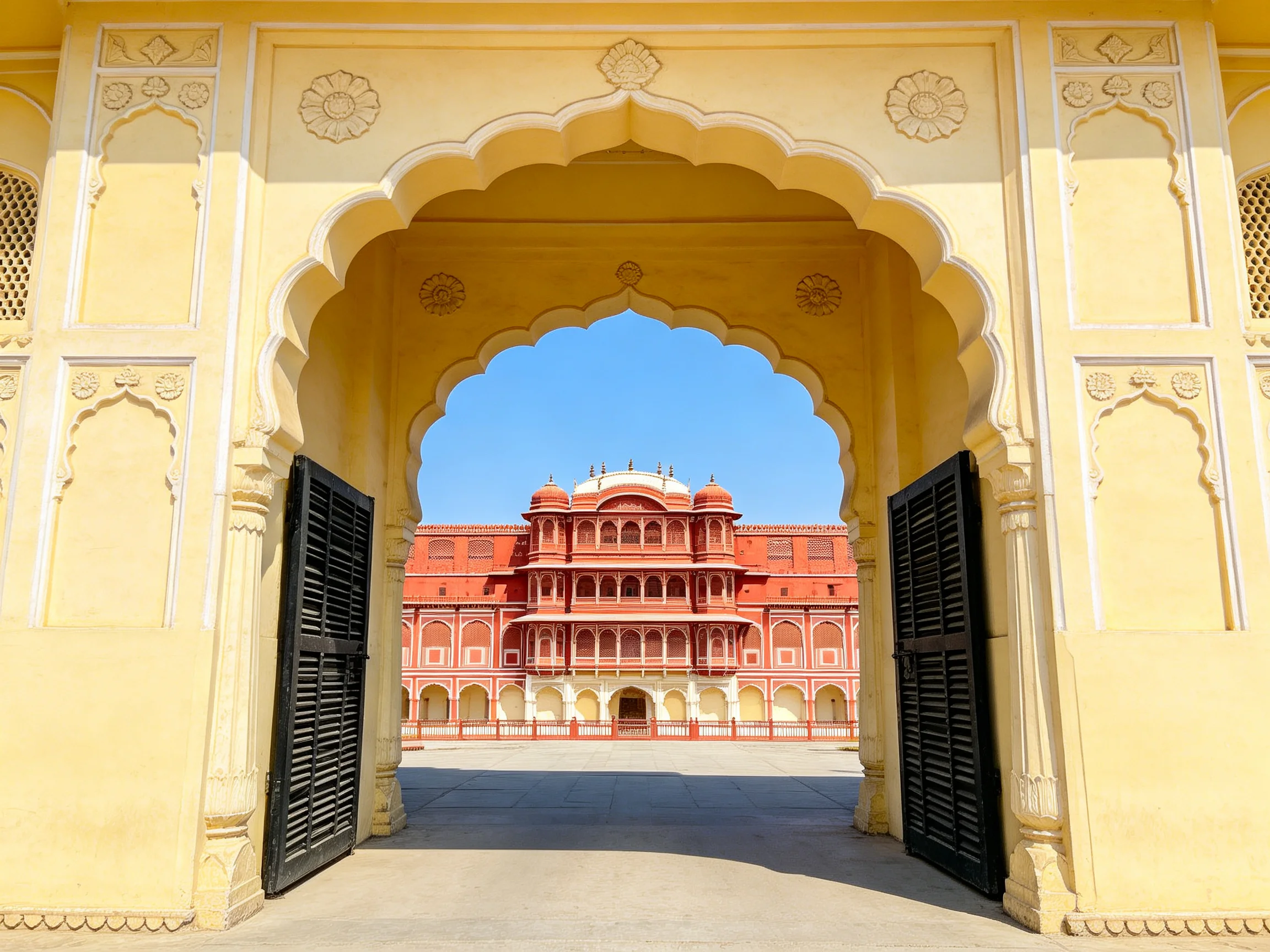 A yellow arched gateway frames a red historical palace