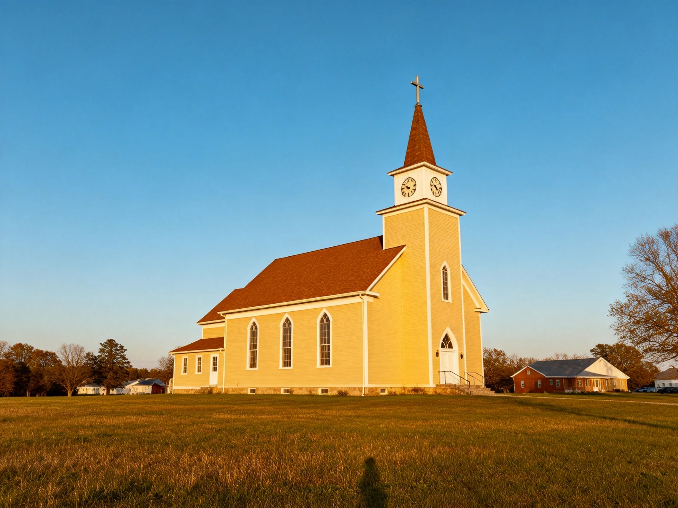 A yellow church with a clock tower in an open field