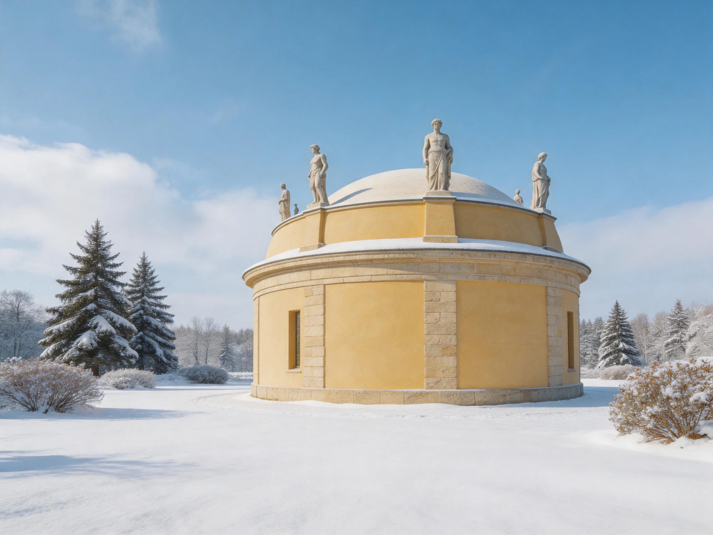 A yellow domed pavilion with statues in a winter landscape