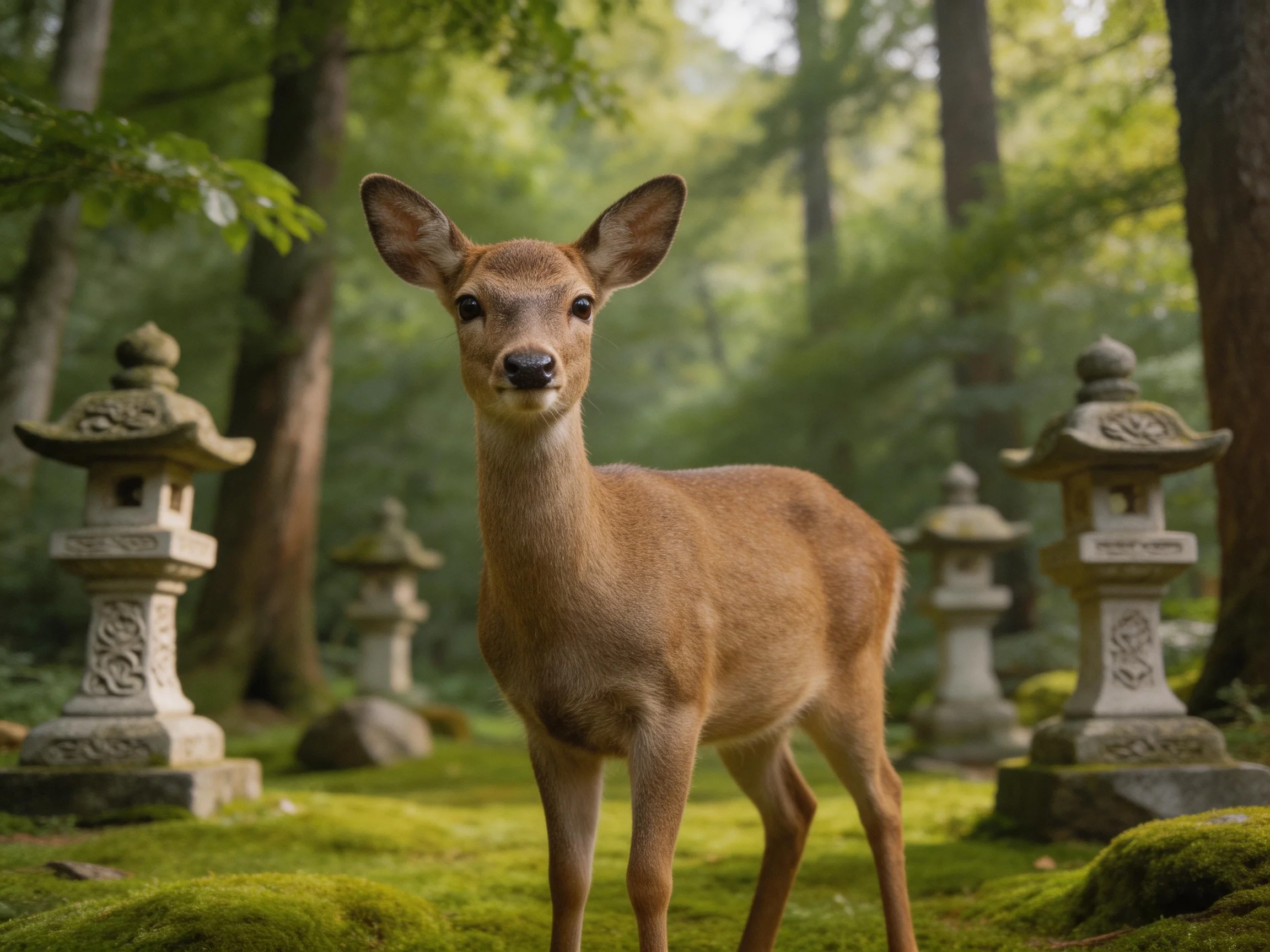 A young deer stands among moss-covered stone lanterns in a lush forest