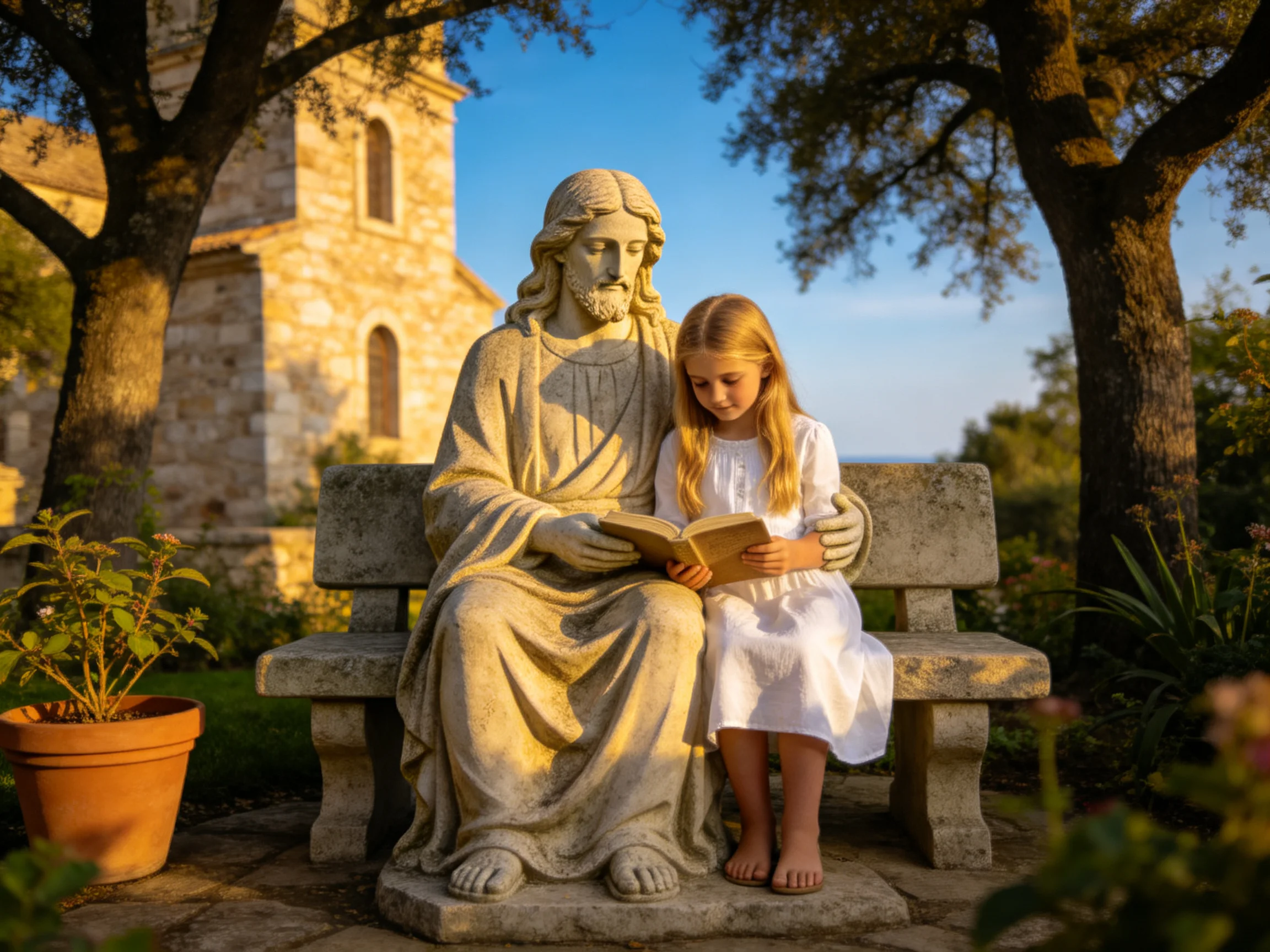 A young girl in white reads by a stone statue near an old church