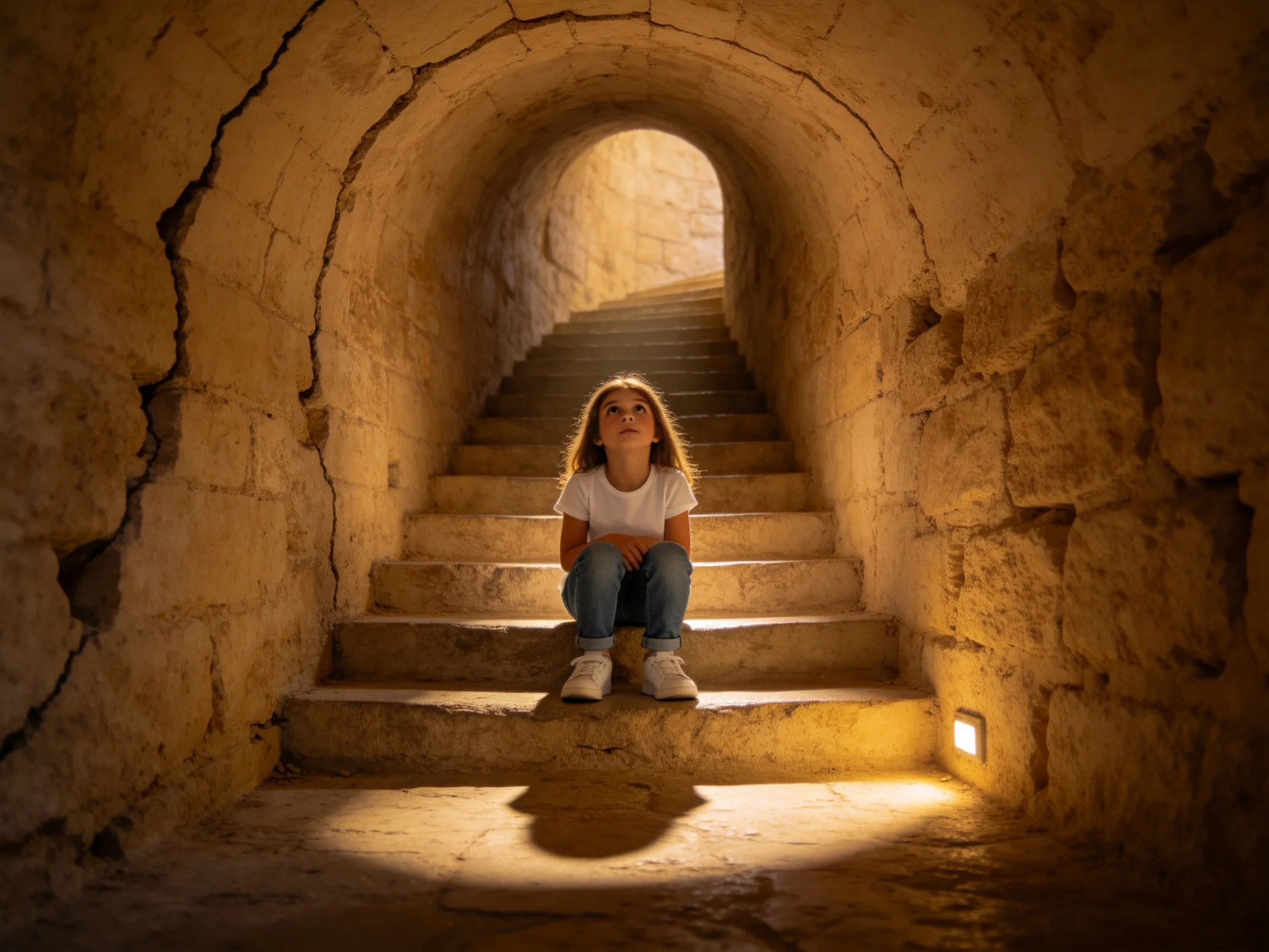 A young girl sits on ancient stone stairs in a dimly lit archway